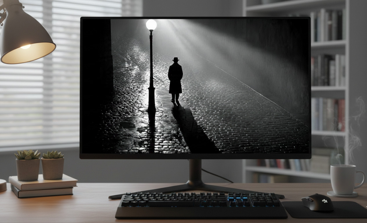 Night Street Lamp Post Man Cobblestone Rain B&W Ai Art Digital Download PNG File