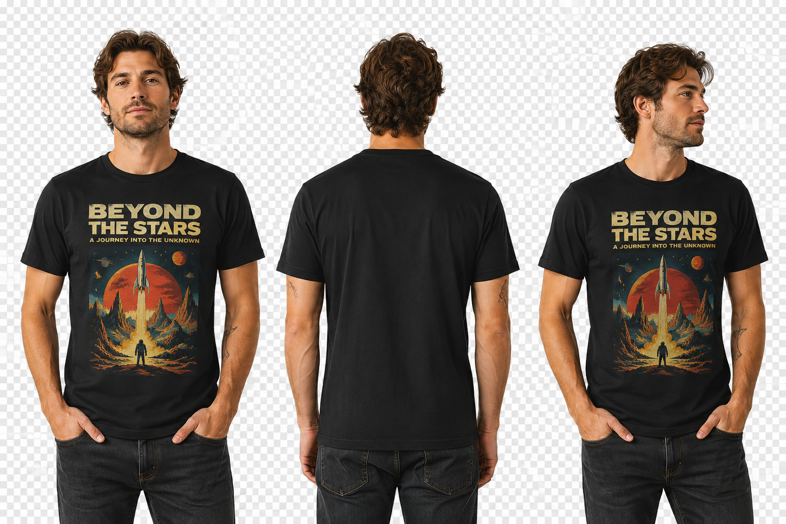 Digital Cosmic Odssey t-shirt png inspired by the aesthetics of retro sci-fi bo