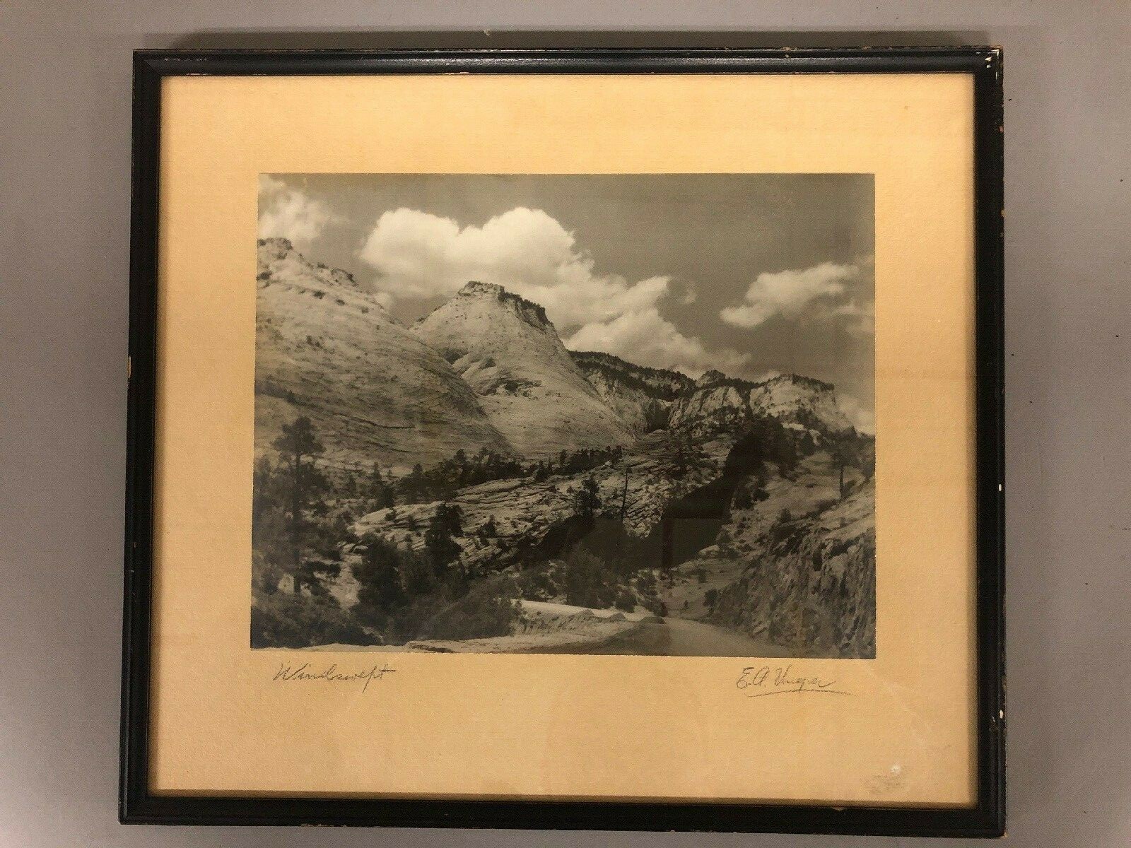 1934 Framed Photo “Windswept” Signed E.A. Vuger Of A Canyon 12 1/4” X 13 3/4”