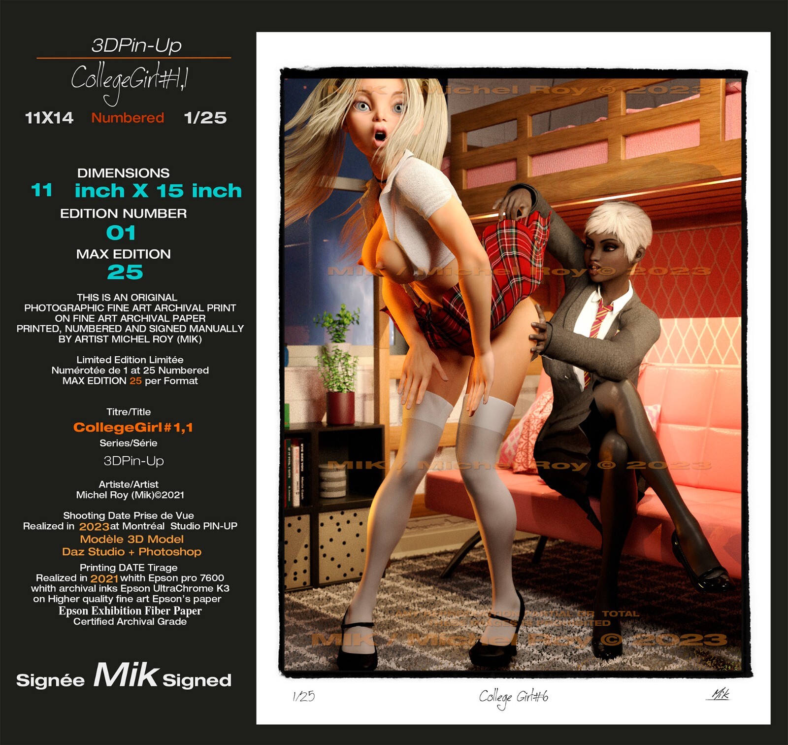 Art Nude “CollegeGirl#1.1” 11×14 Sign Mik &Num 1/25 Glossy Woman Excellent 3D Model