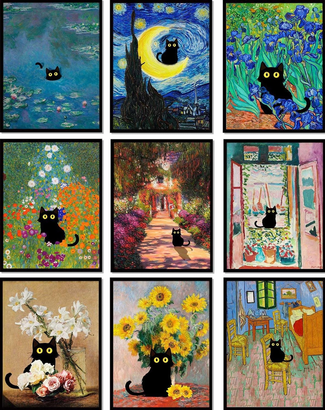 9Pcs Funny Black Cat Wall Art Cats in Famous Paintings Posters Prints Vintage…