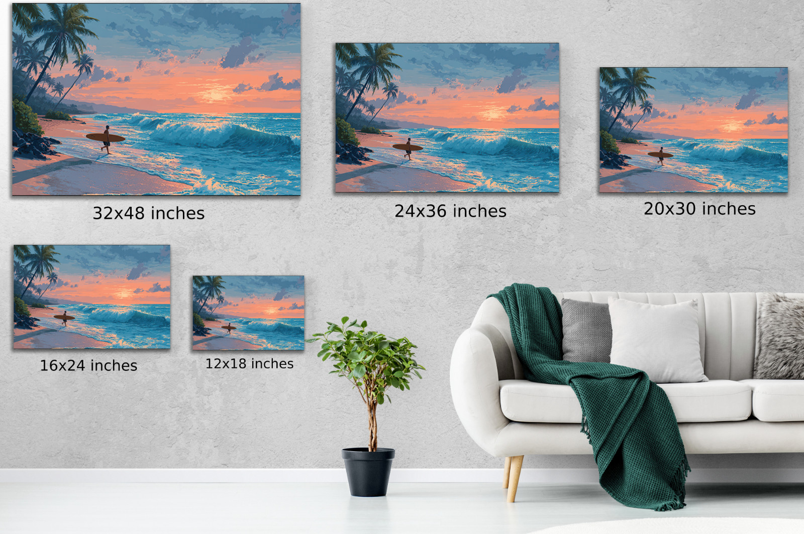 Tropical Surfer Beach Sunset Painting, Ocean Waves Canvas Print Coastal Seascape