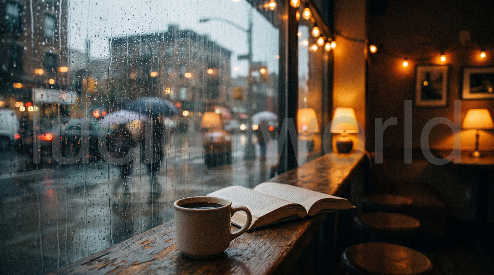 Moody Coffee Shop Rainy Window Digital Download 4K Wallpaper Cozy Cafe Wall Art