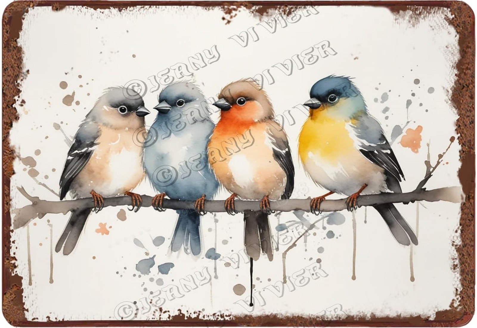 Vintage Birds Metal Wall Decor, Watercolor Bird Art Print, Rustic Tin Sign, H…