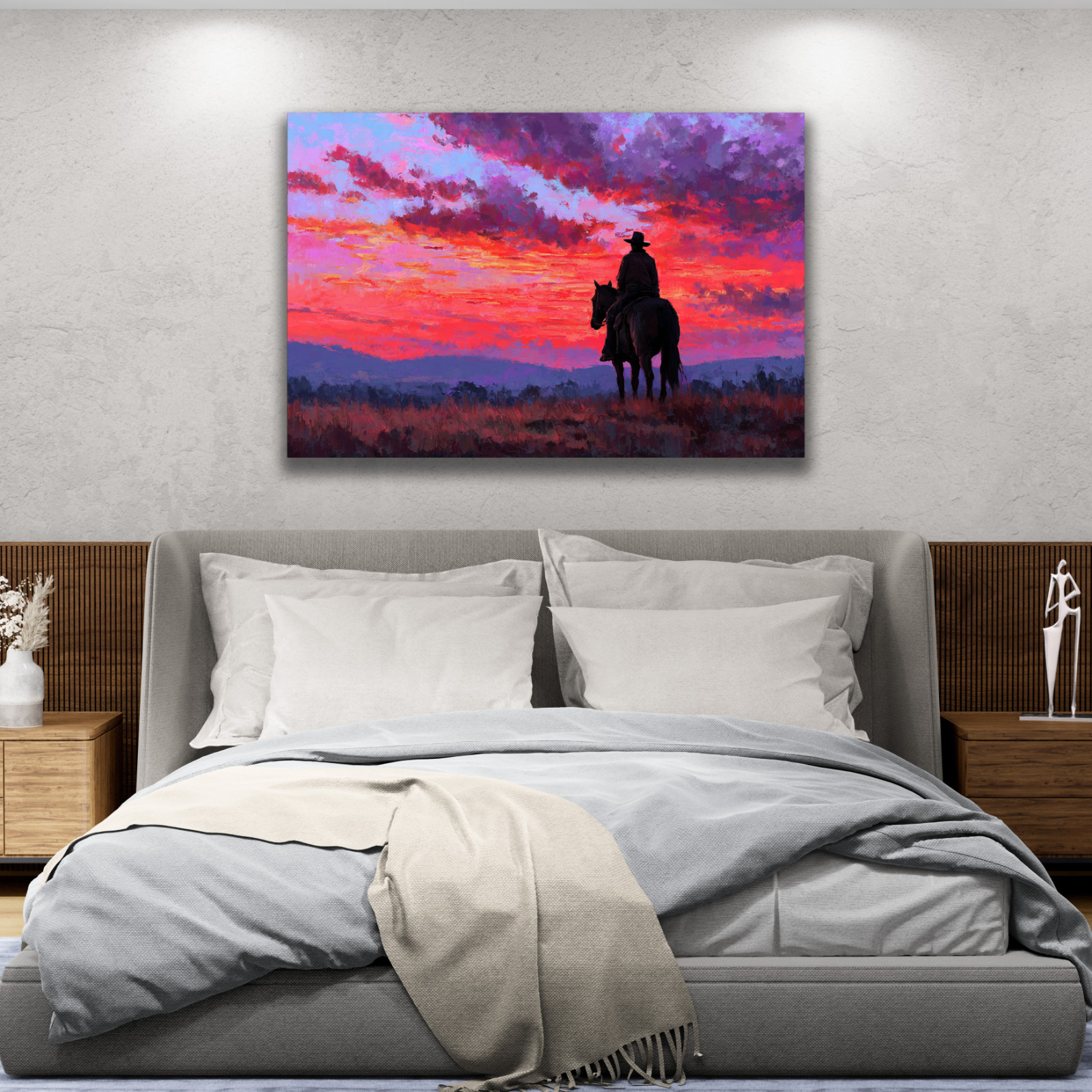 Cowboy on Horseback Sunset Art, Western Ranch Painting, Rustic Country Canvas