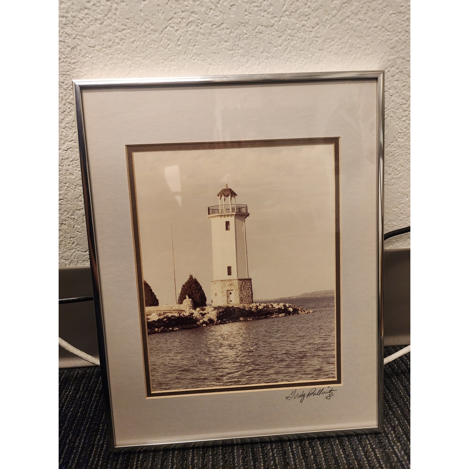 Gordy Pullwitz Signed Lighthouse Photograph Framed Sepia Nautical Coastal Art