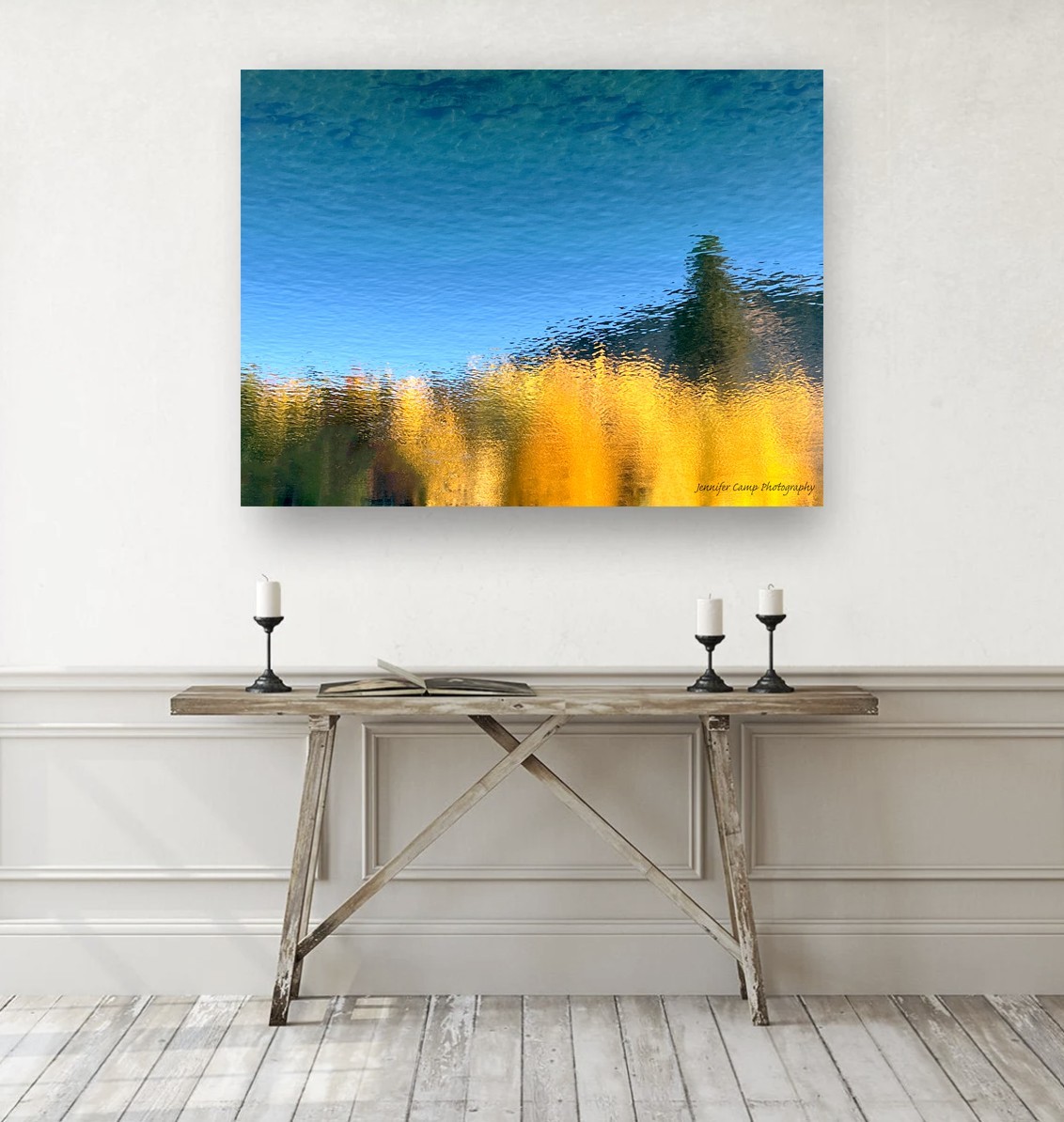 Water Blue Yellow Gold Autumn Fall Tree Reflection Abstract Art Photograph Print