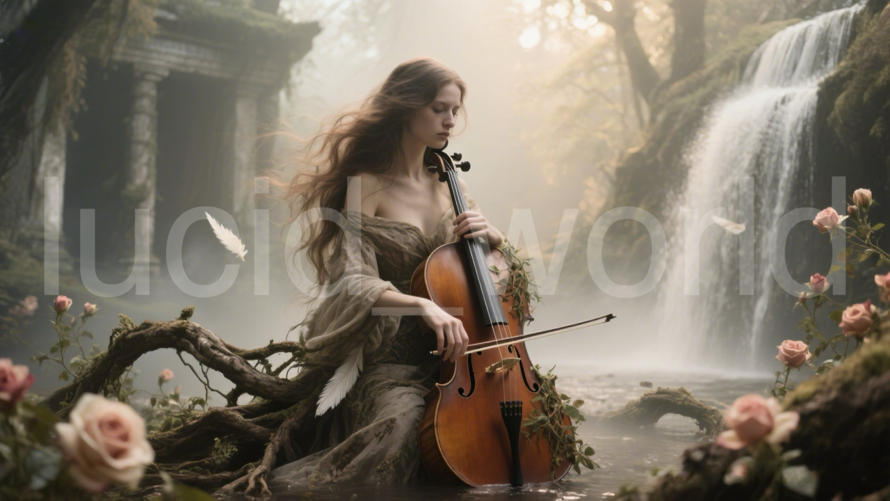 Fantasy Cello Girl Enchanted Forest Waterfall Digital Art Printable Wall Art PNG