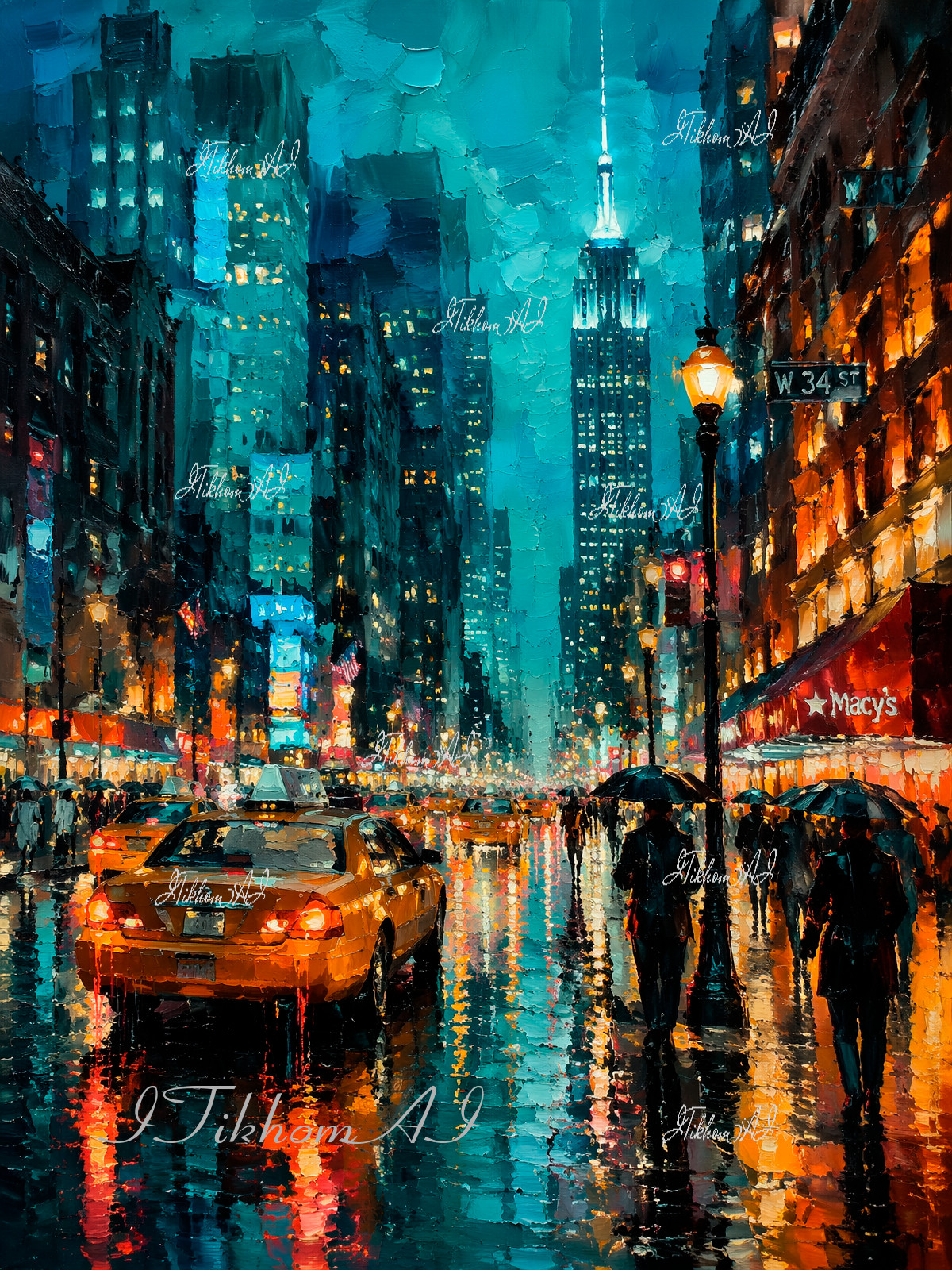 Digital Art Painting Cityscape Night Avenue People Rain Wallpaper Decor Desktop