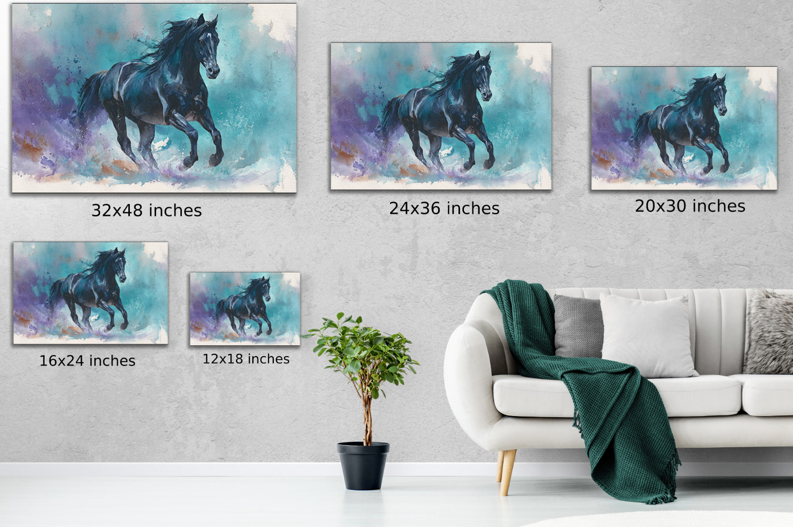 Black Horse Wall Art, Running Stallion Watercolor Painting, Colorful Equestrian