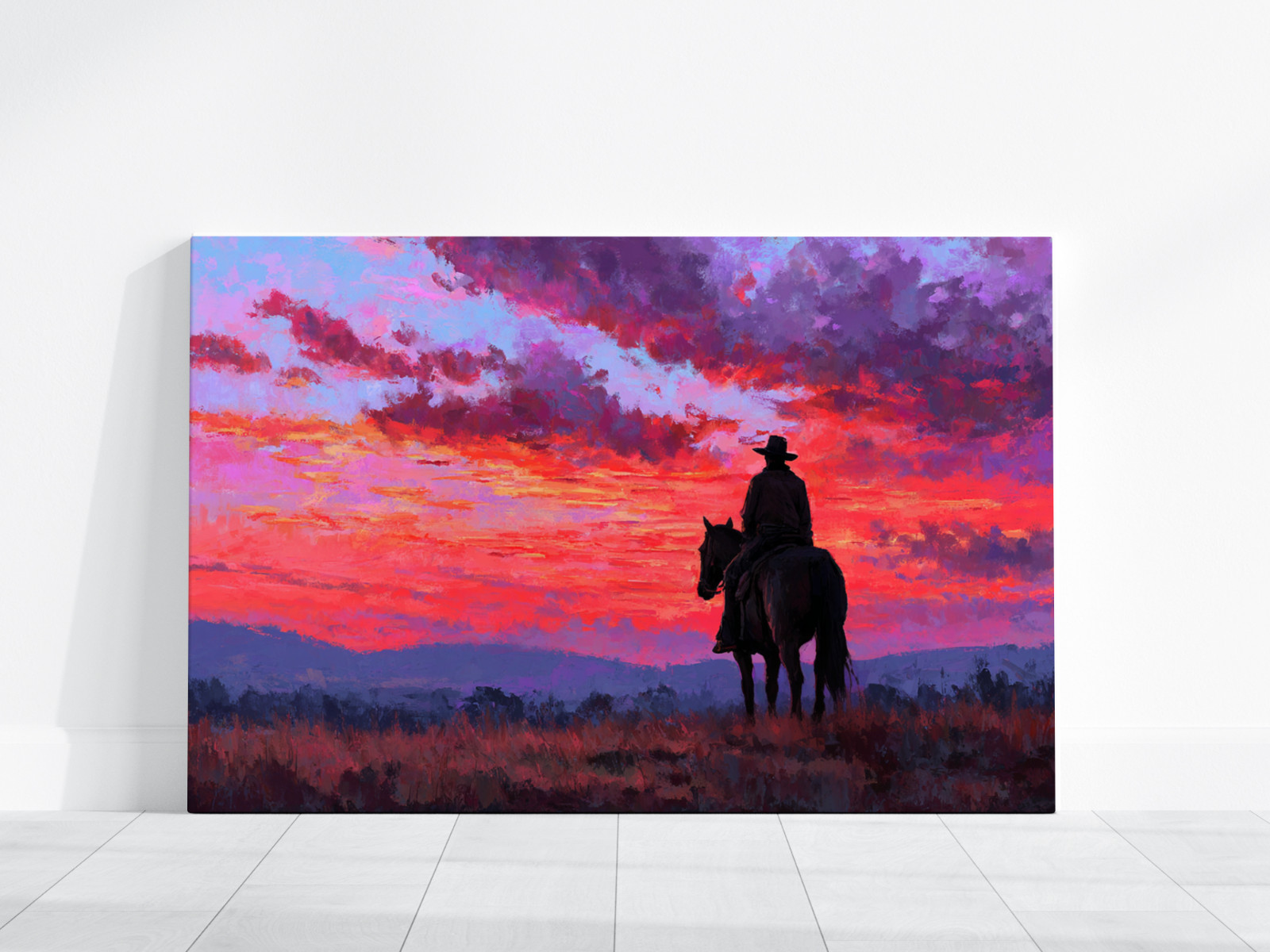 Cowboy on Horseback Sunset Art, Western Ranch Painting, Rustic Country Canvas
