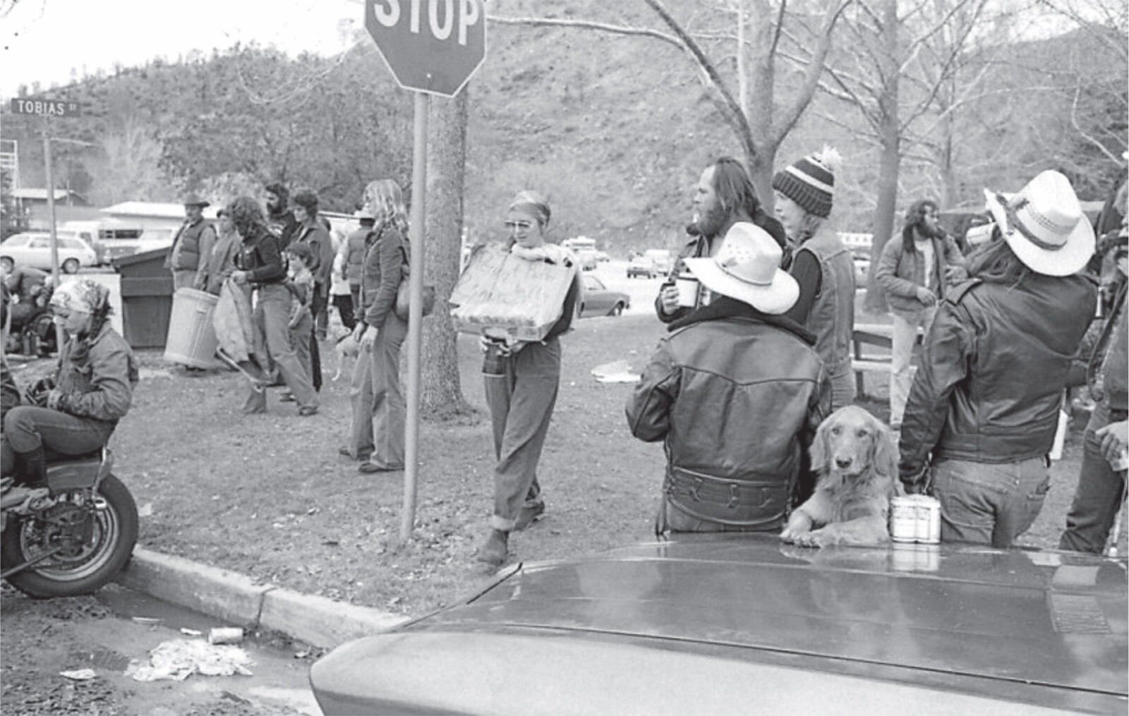 Whiskey Flat Days, Dog, Beer, Bikers, Harley, 1978. Photograph. Quality Print