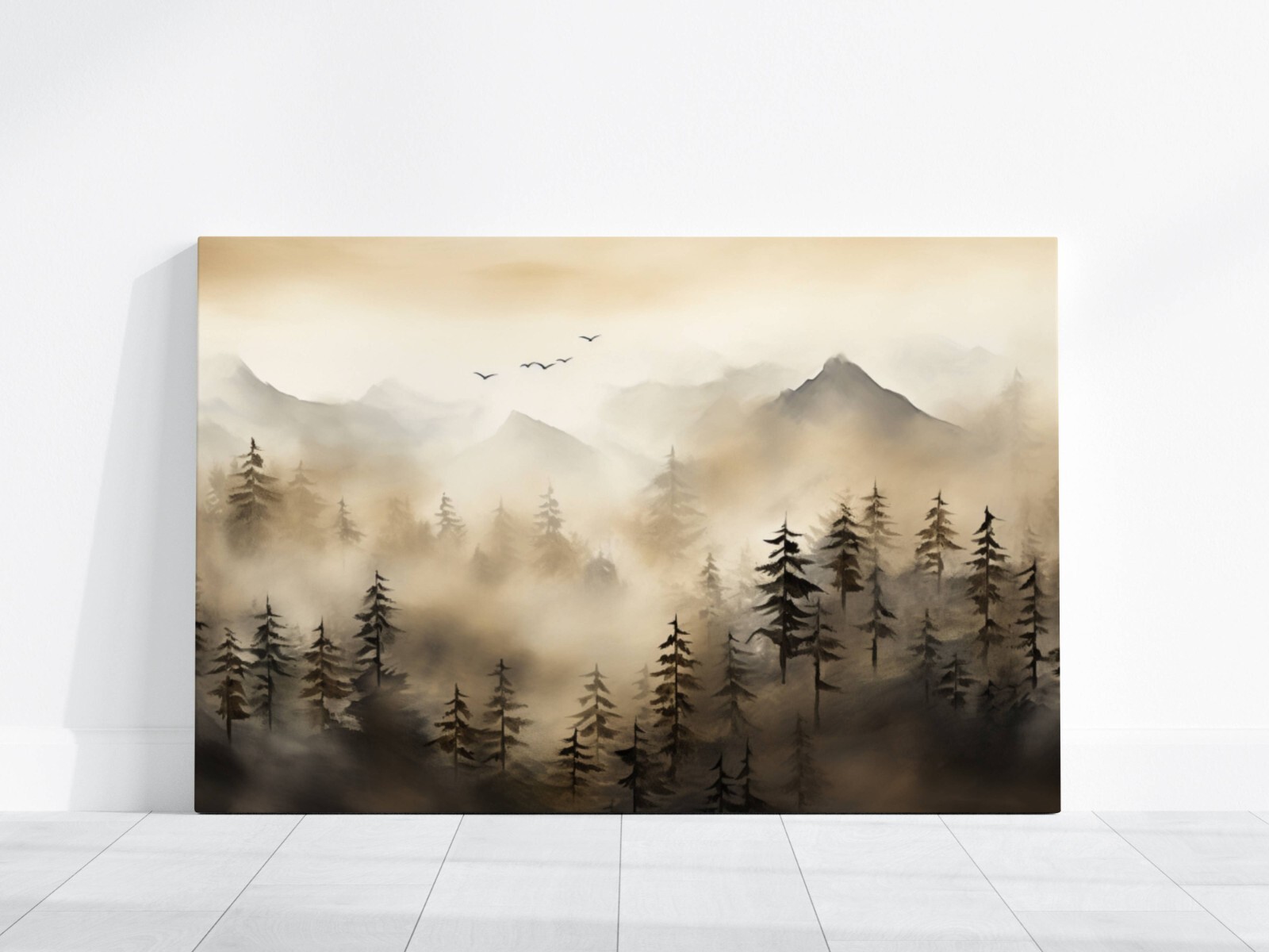 Mountains and Trees Nature Watercolor Painting, Foggy Misty Mountain Range Art