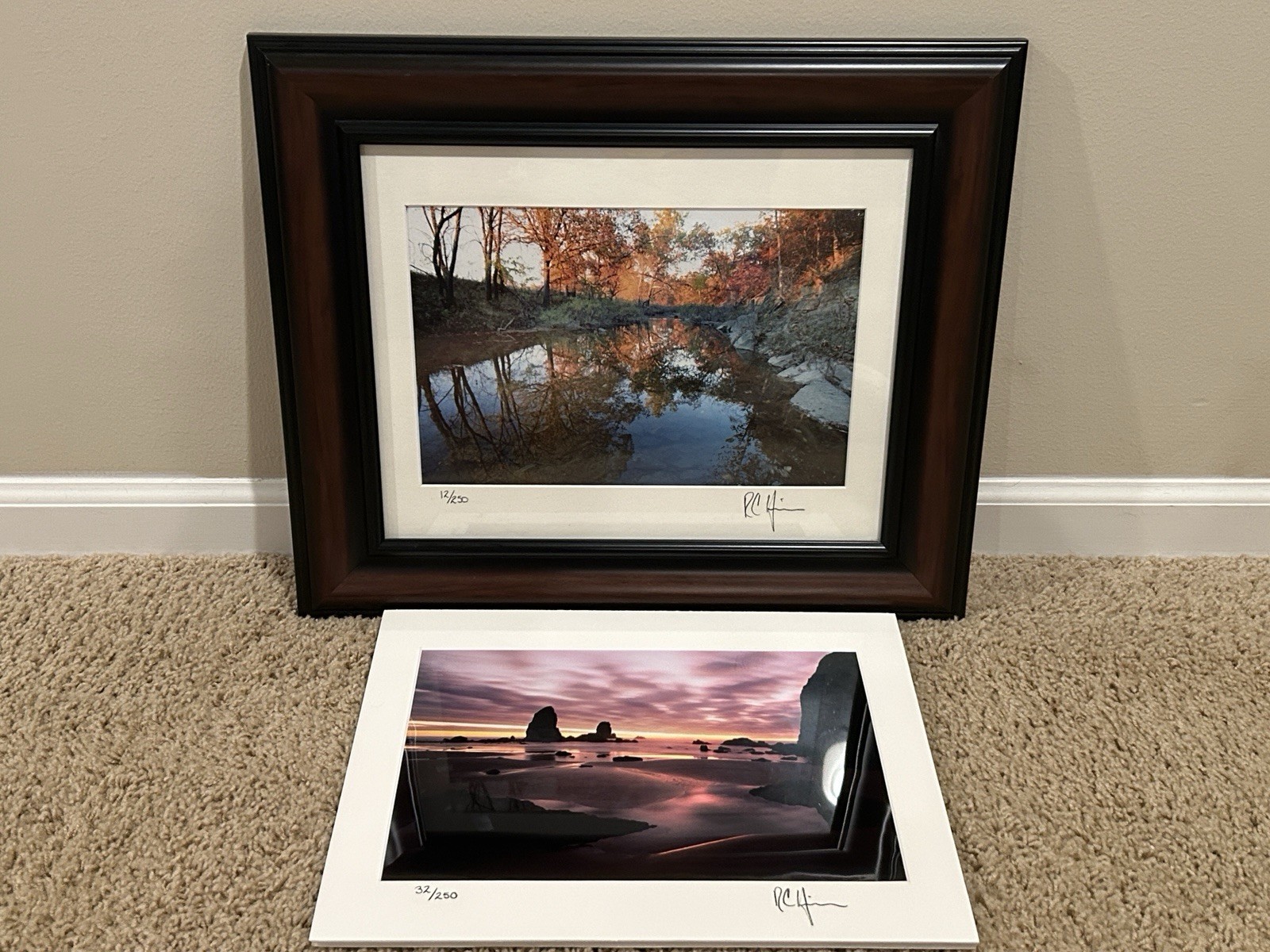 Set of Signed Photography 11 x 14 Matted, One Framed, Seashore and Lake Scene