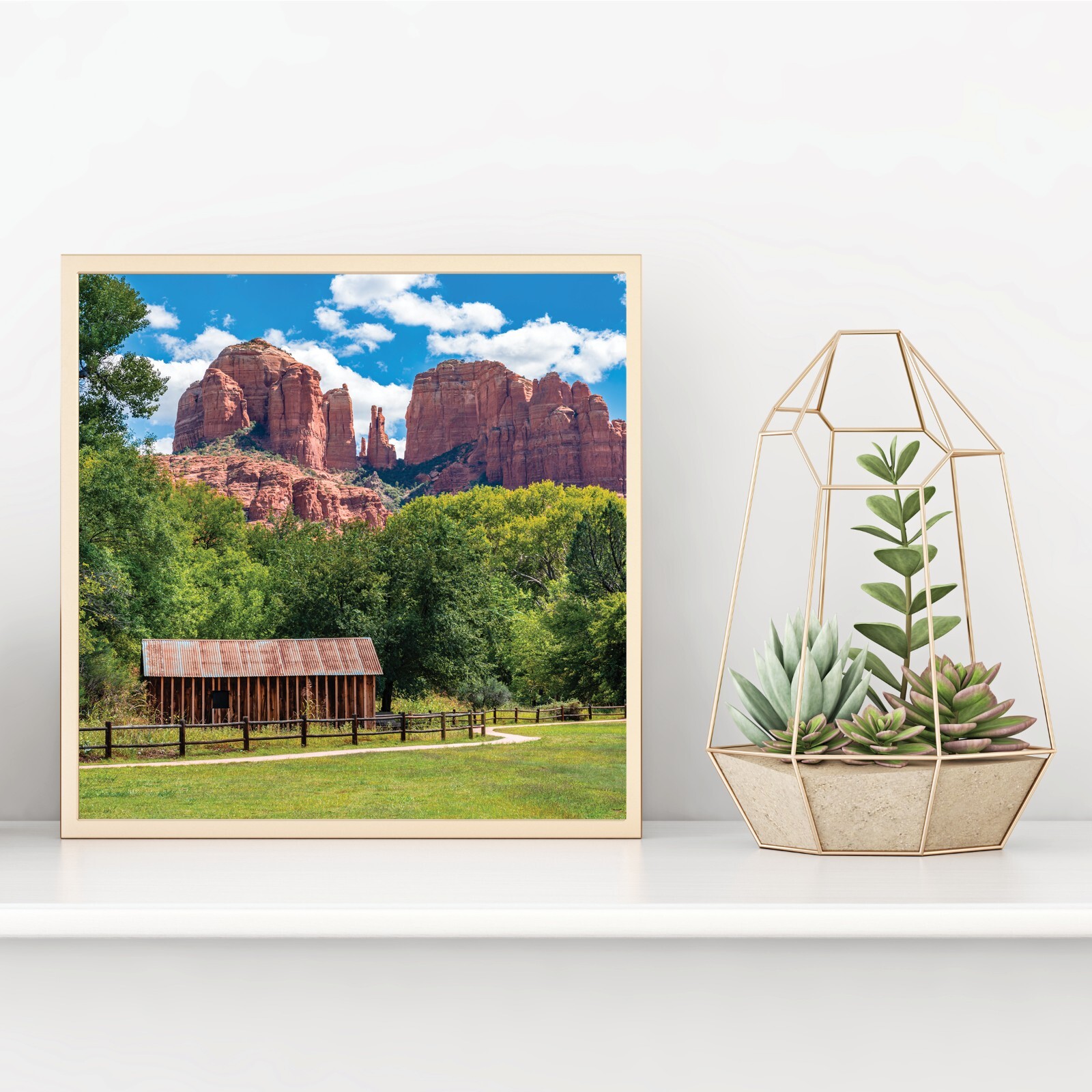 Cathedral Rock, Sedona Arizona Landscape Photo, Water Wheel and Barn, AZ Print