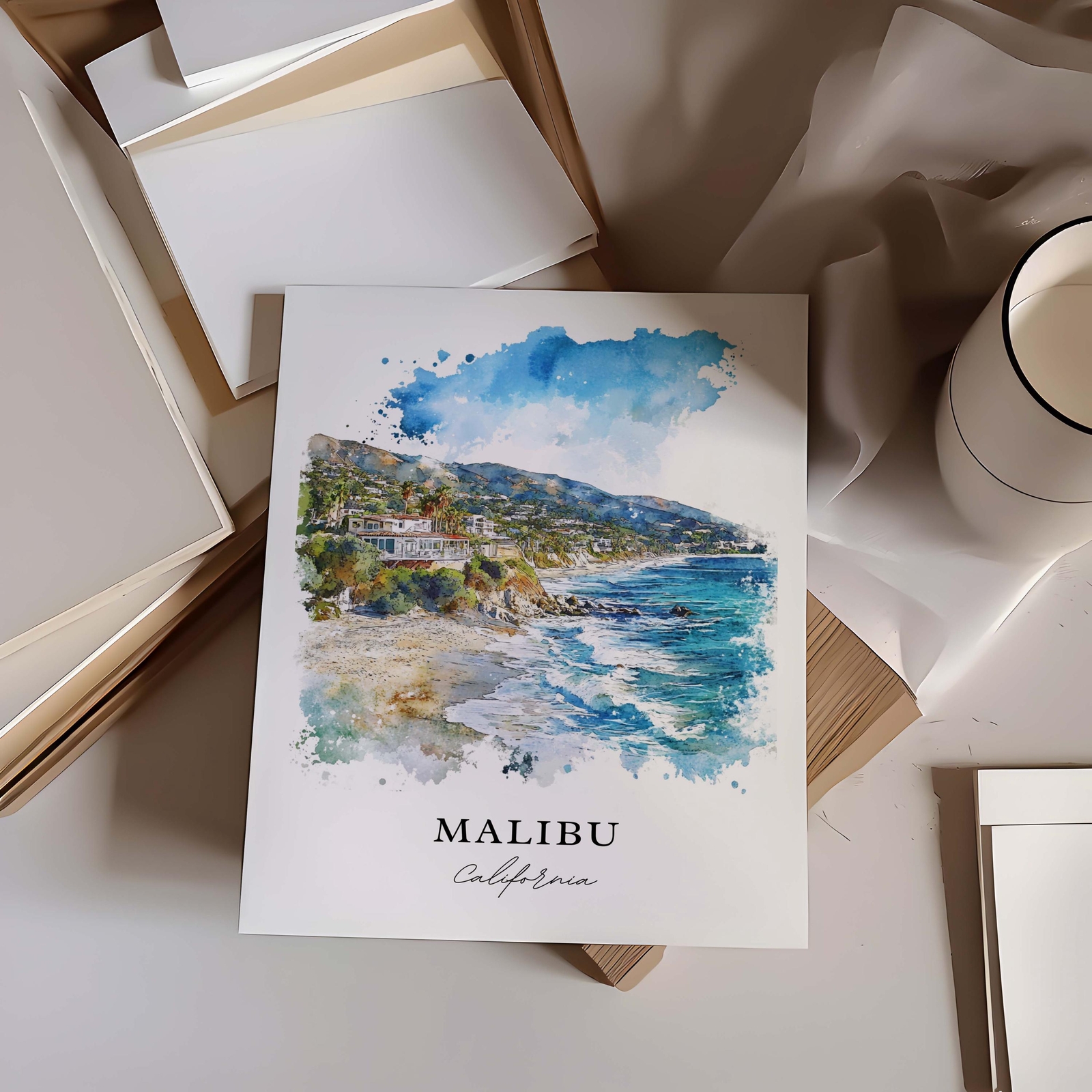 Malibu Wall Art, Malibu California Print, LA Watercolor Art, Malibu Cali Gift