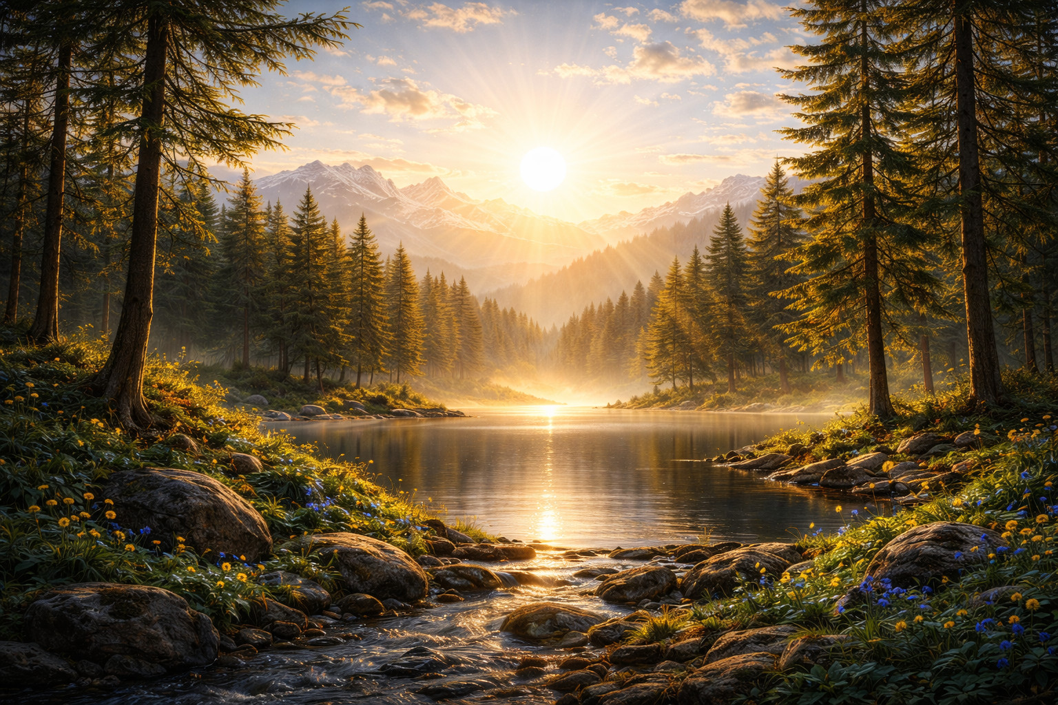 Digital Art Wallpaper – Sunrise Mountain Lake Landscape – Nature Forest Scenic