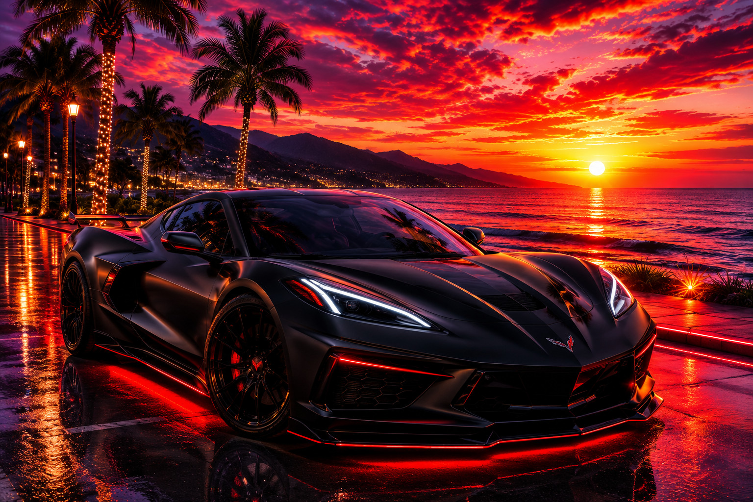 Digital Image Picture Photo Pic Wallpaper Background Corvette Sunset Palm Trees