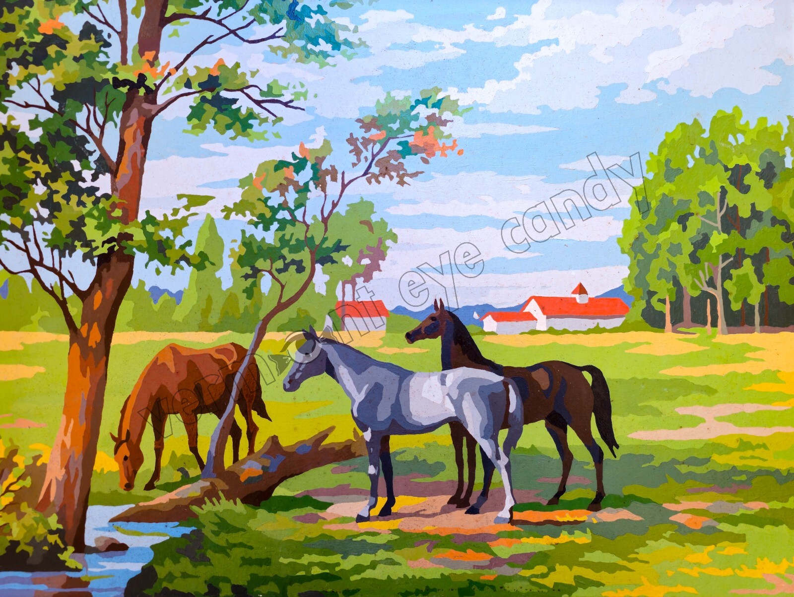 Horses Drinking at Pond Barns Meadow DIGITAL DOWNLOAD Print at Home Wall Art