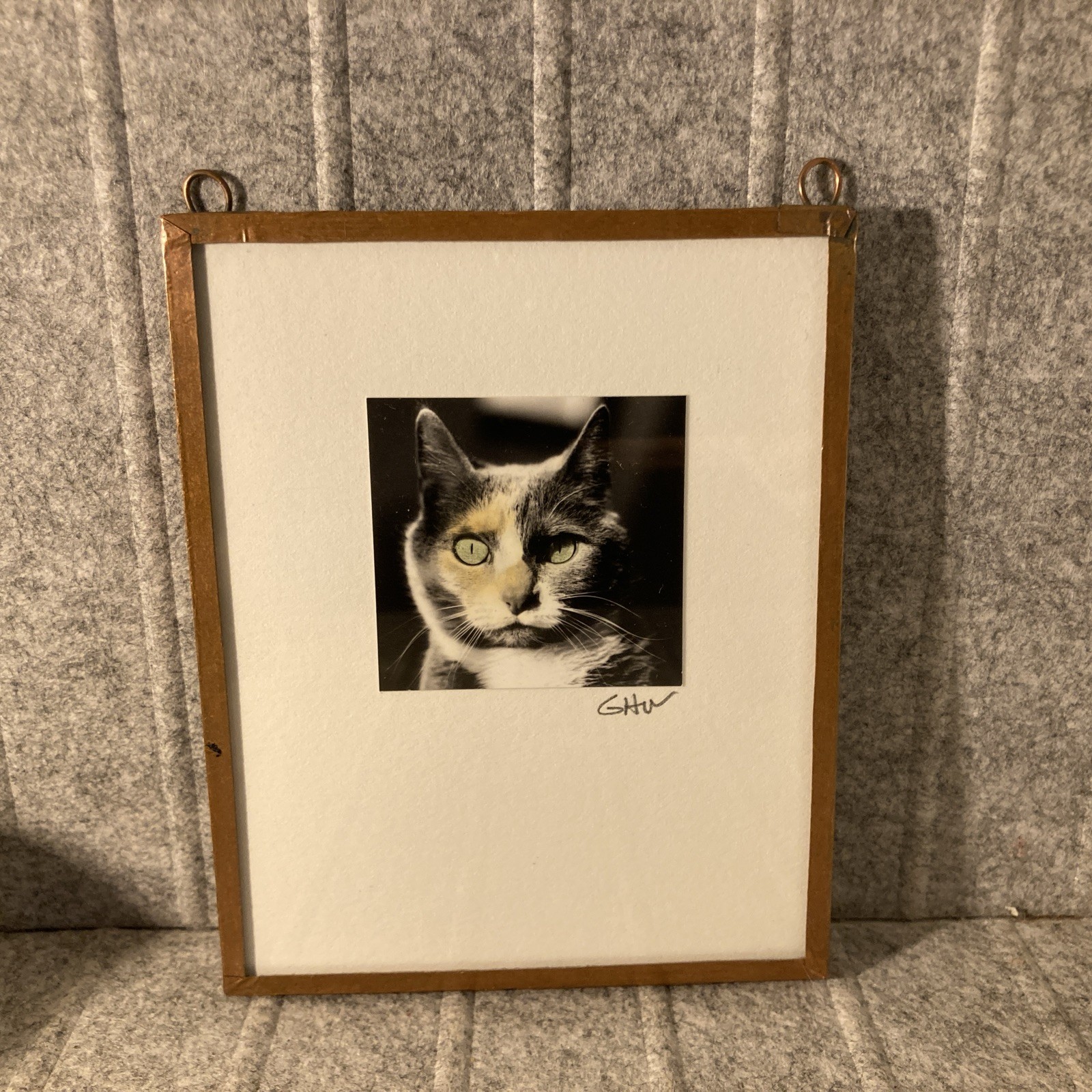 Calico Cat Portrait Soddered Copper Frame Photograph Miniature Artsy Tom Cat
