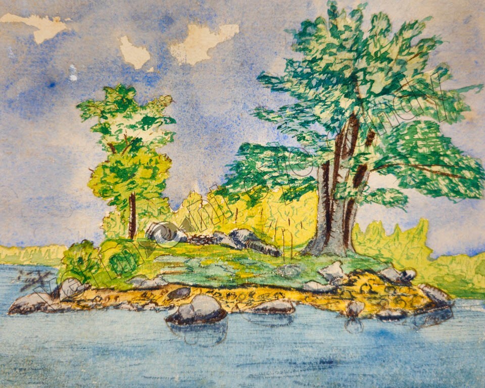 Landscape Art w/ Island Trees Lake for Instant DOWNLOAD Print at Home Wall Decor