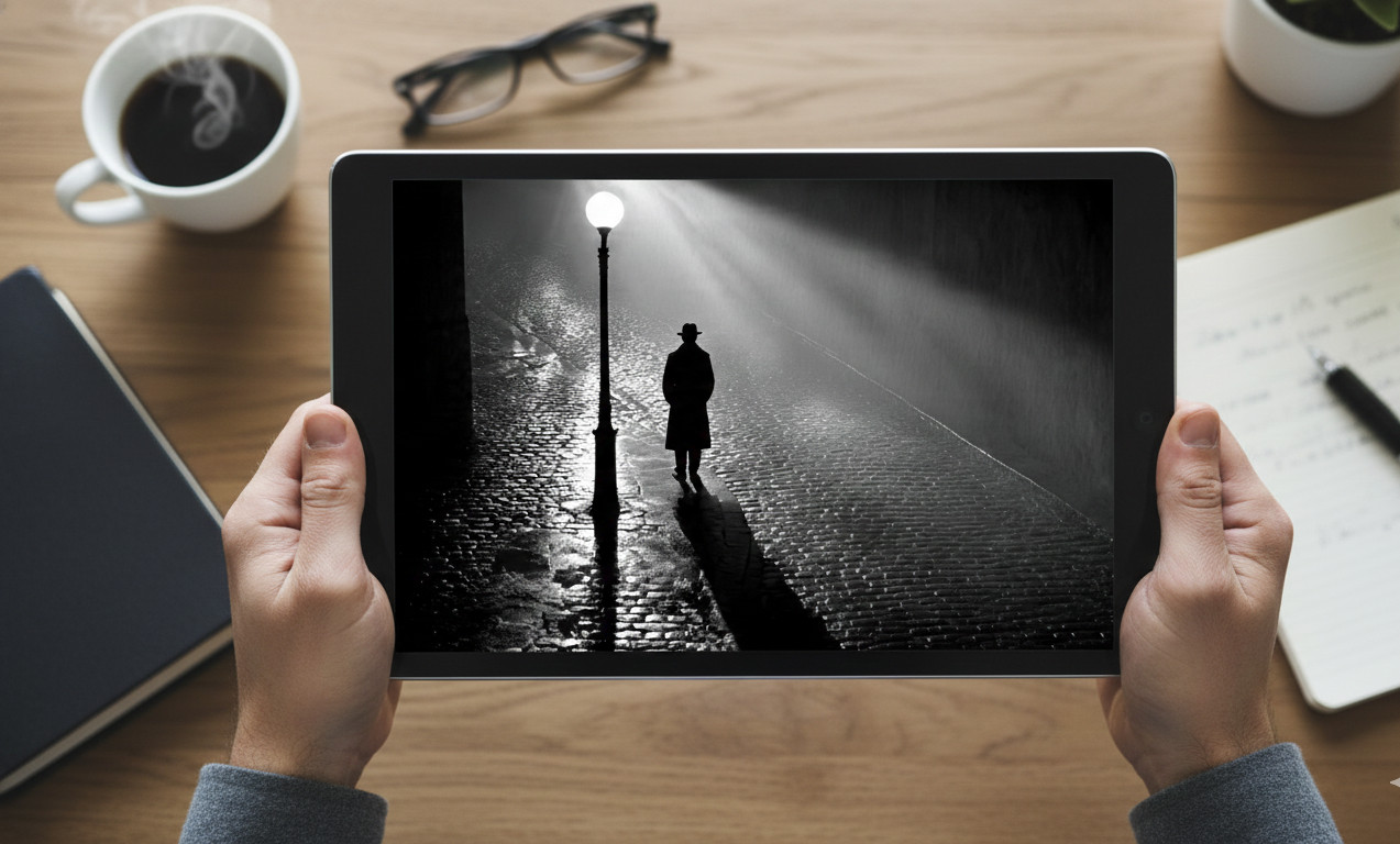 Night Street Lamp Post Man Cobblestone Rain B&W Ai Art Digital Download PNG File