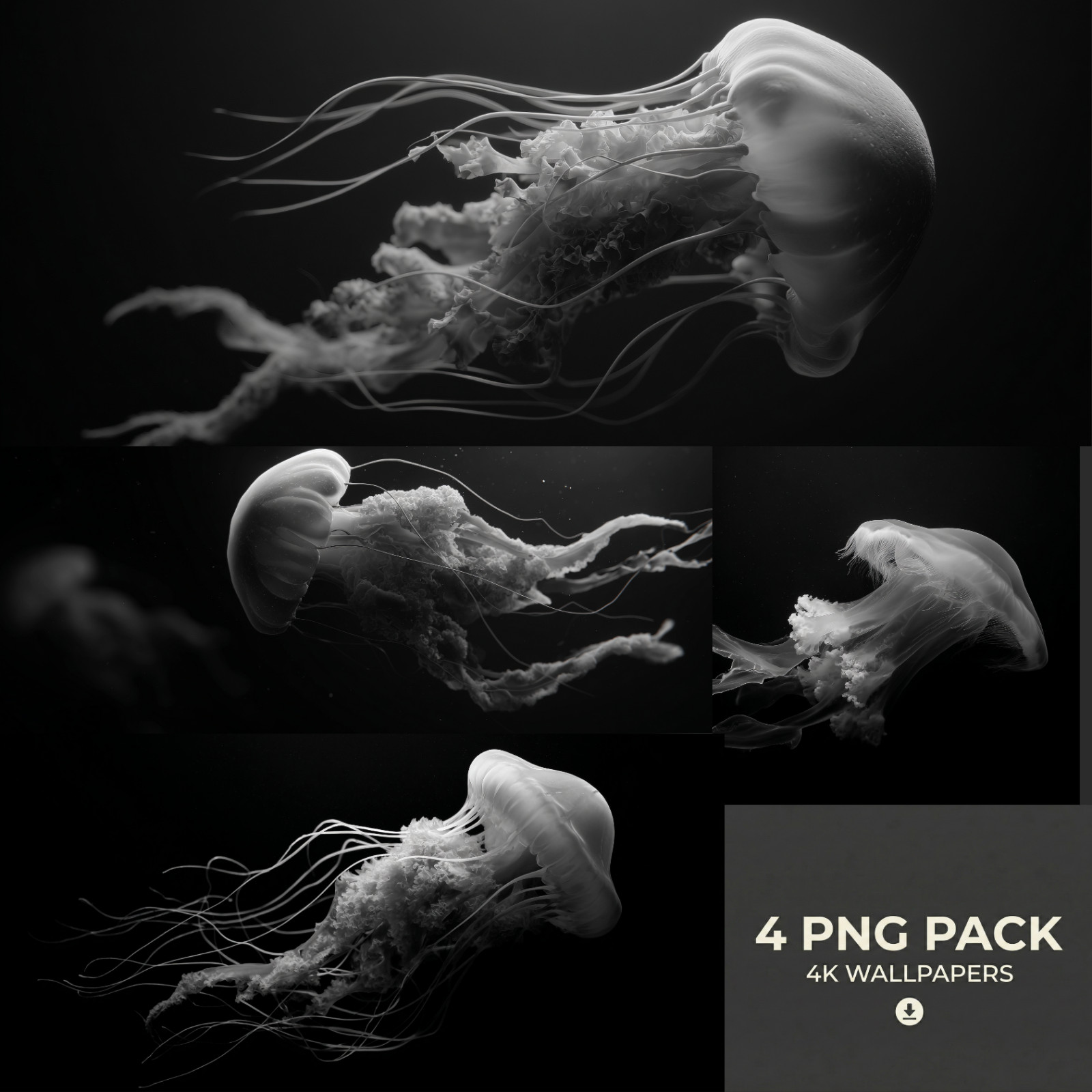 4 Deep Sea Jellyfish Printable Glowing Ocean Wall Art Digital Download PNG Set