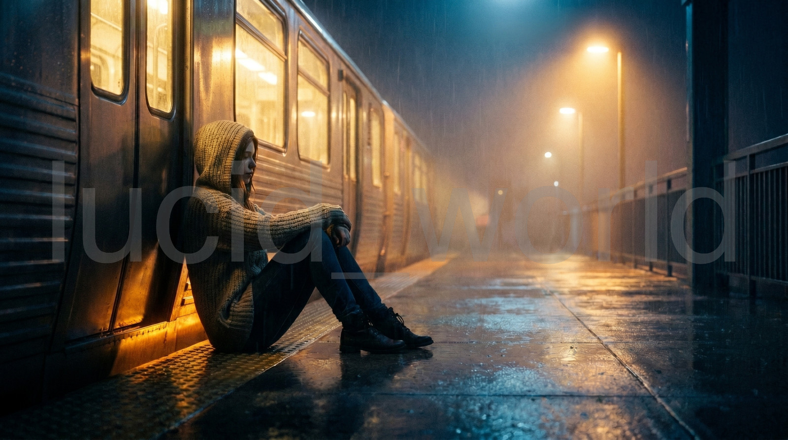 Cinematic Hooded Girl Rainy Station Digital Download 4K Wallpaper Moody Art PNG