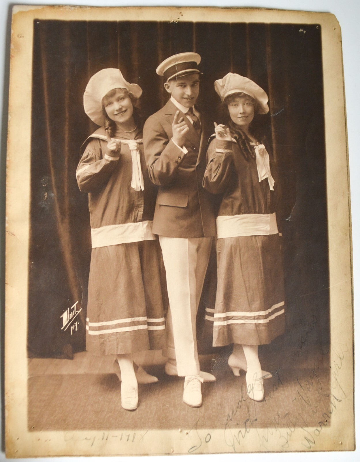 Antique 1918 Vaudville Large Signed Photo Two Girls and Young Male Sailor Outfit