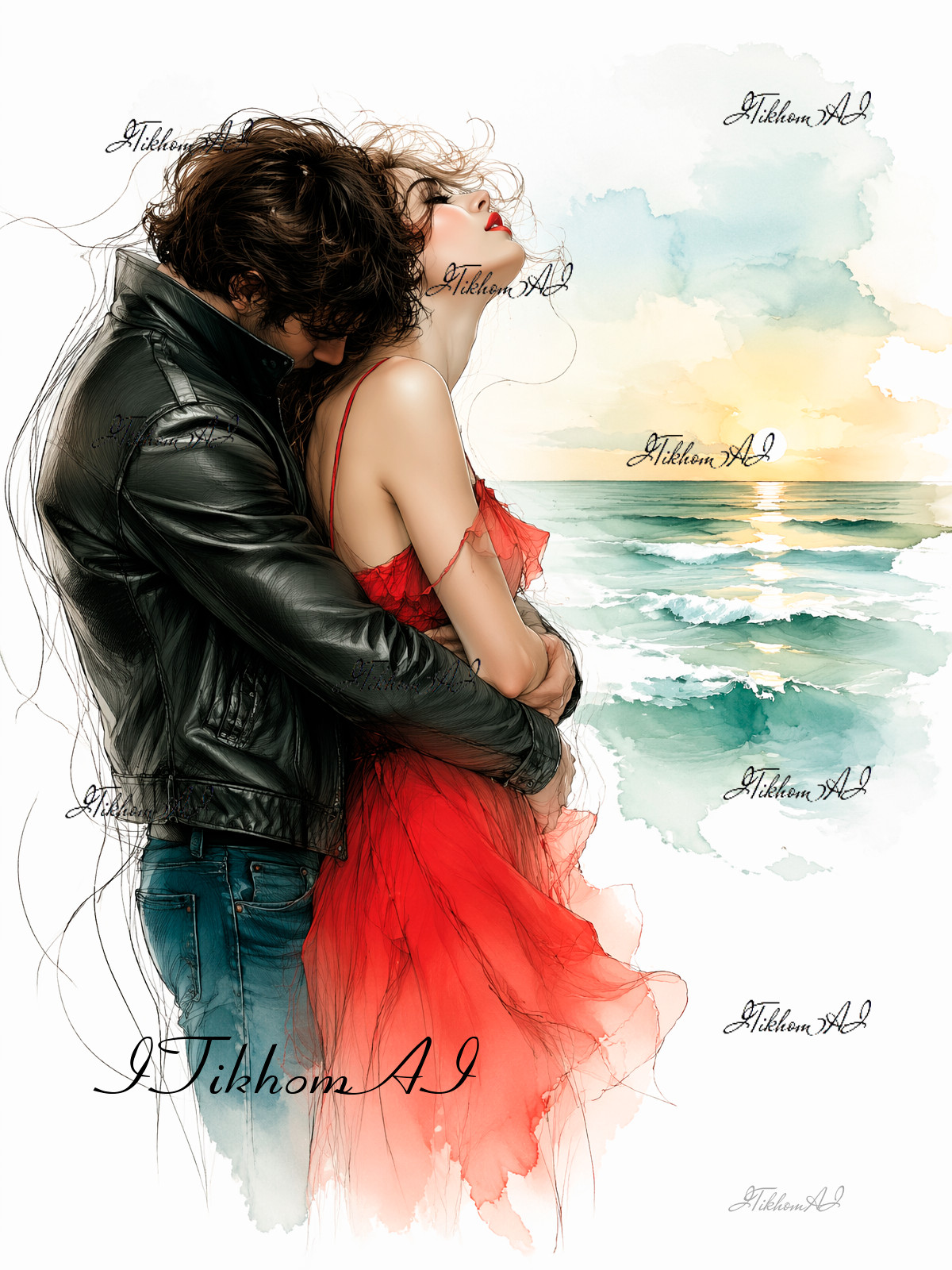 Digital Art Image Painting Portrait Women Man Seascape Sunset Wallpaper Desktop