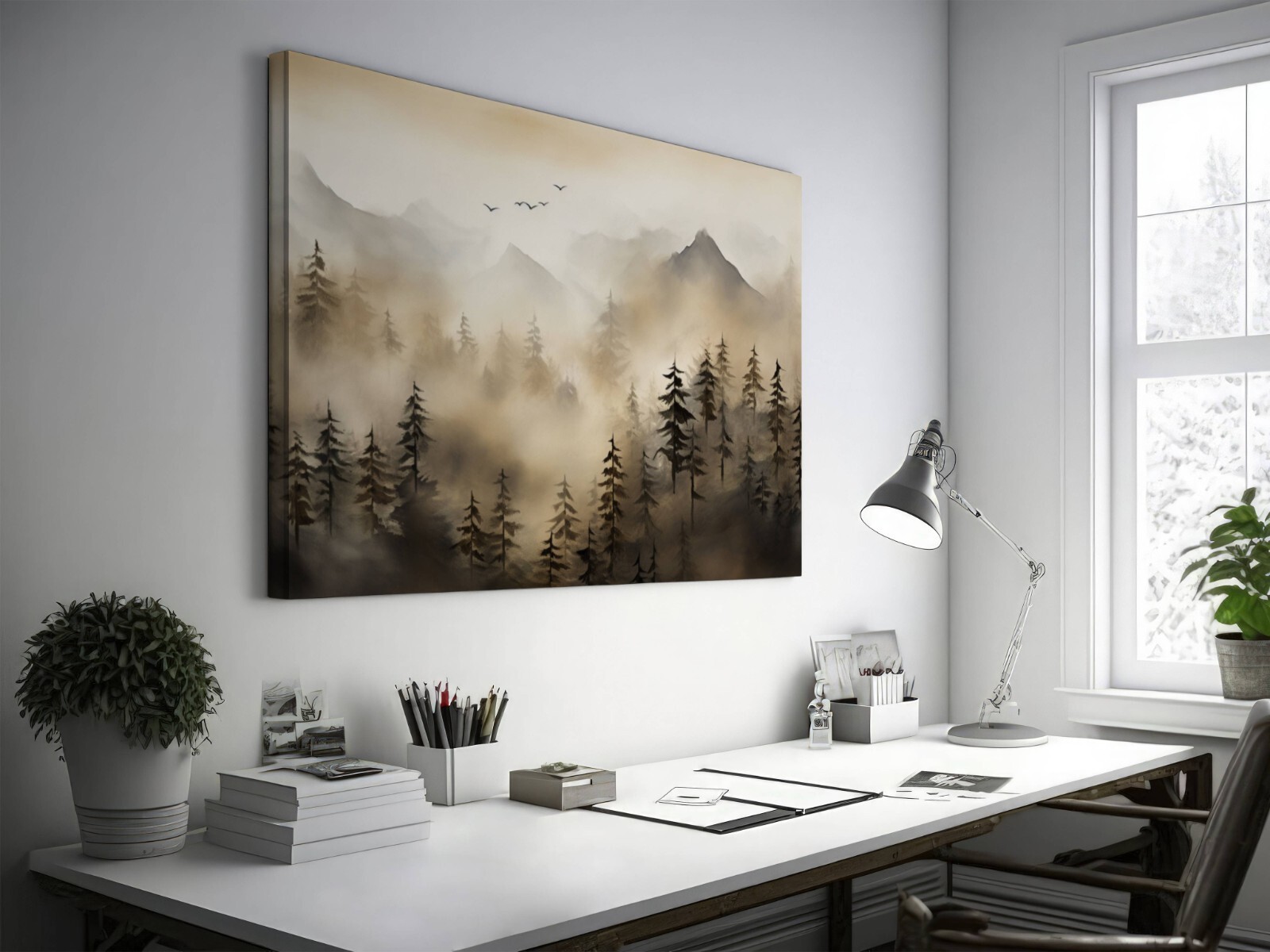 Mountains and Trees Nature Watercolor Painting, Foggy Misty Mountain Range Art