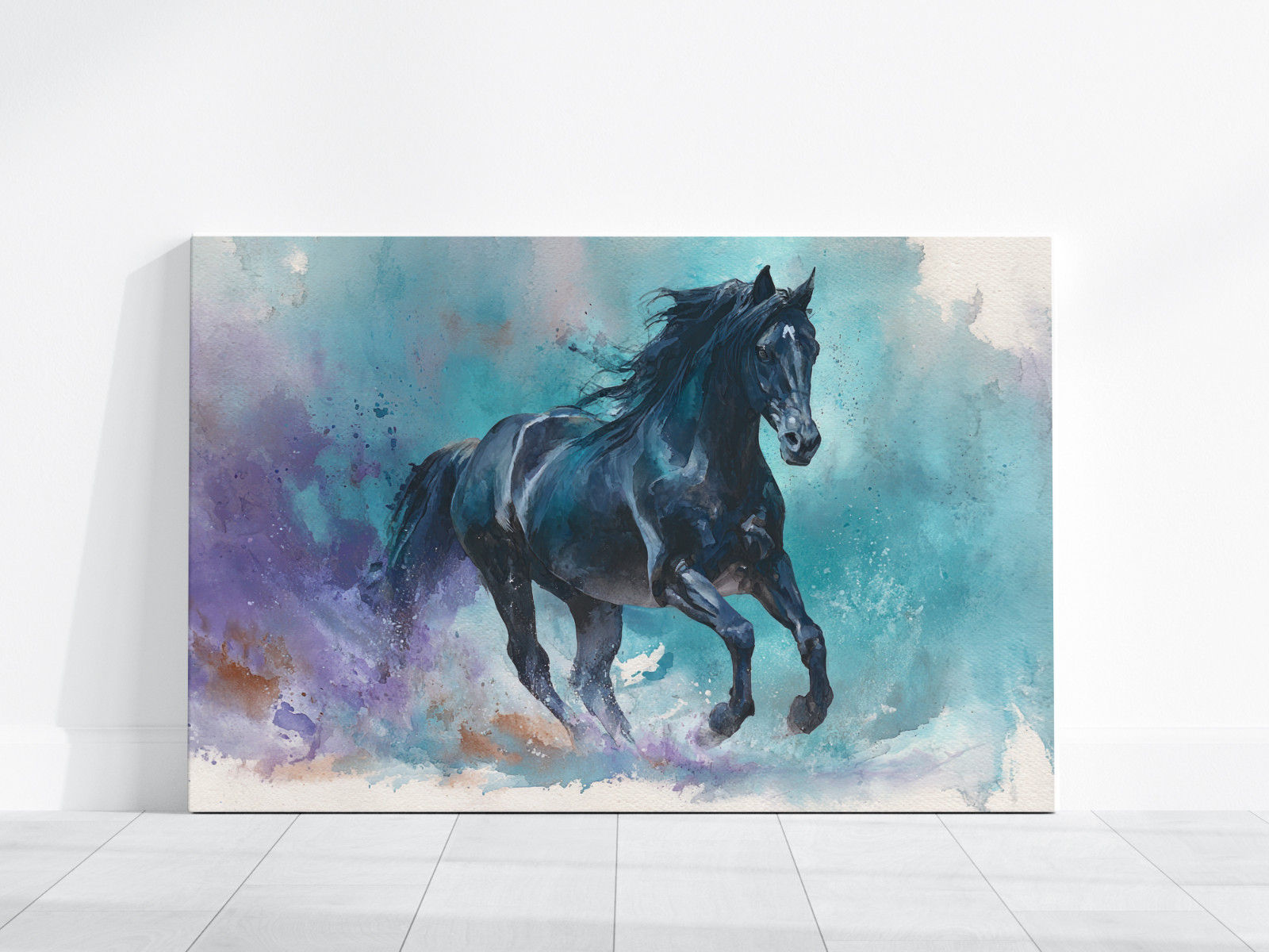 Black Horse Wall Art, Running Stallion Watercolor Painting, Colorful Equestrian