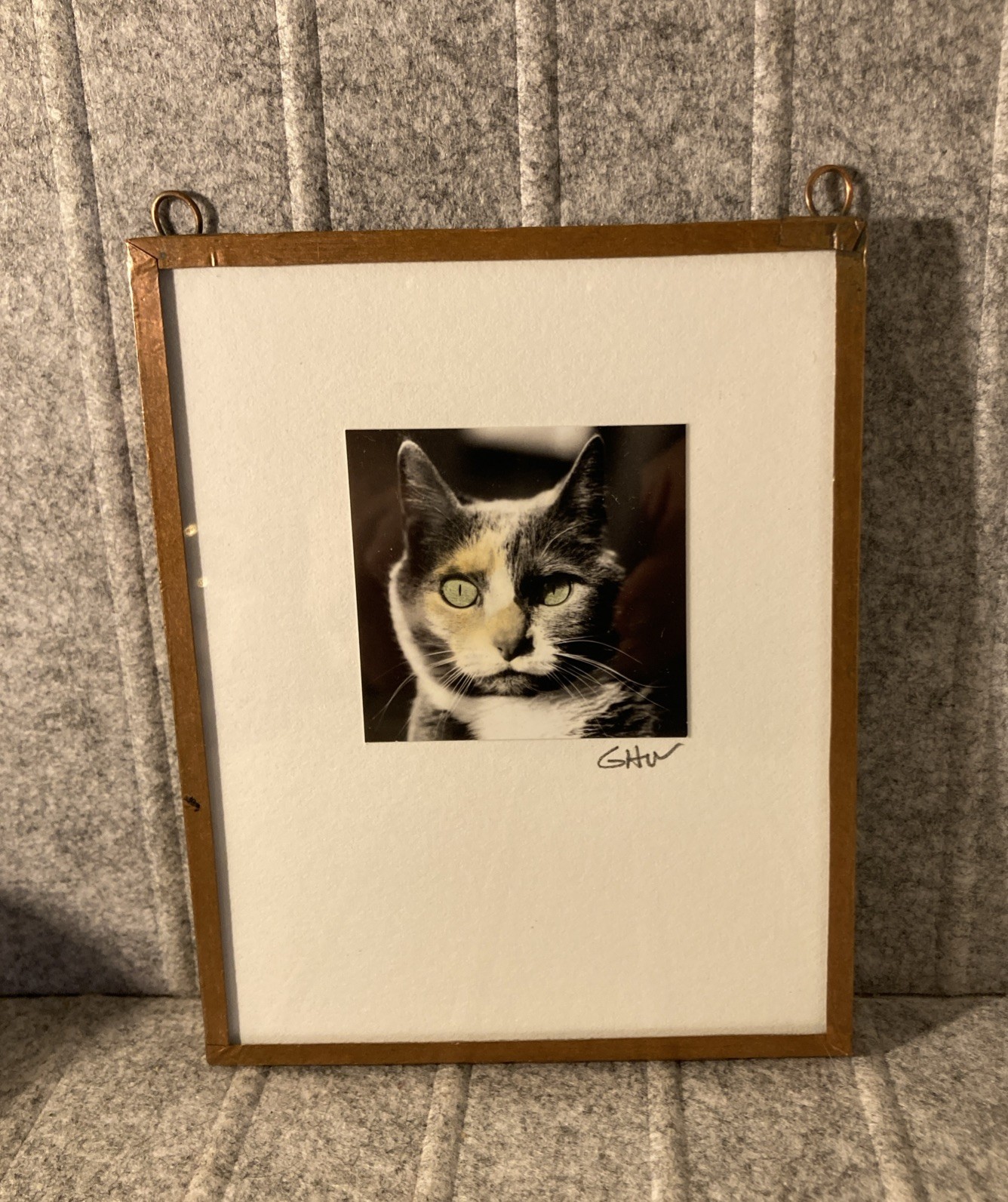 Calico Cat Portrait Soddered Copper Frame Photograph Miniature Artsy Tom Cat
