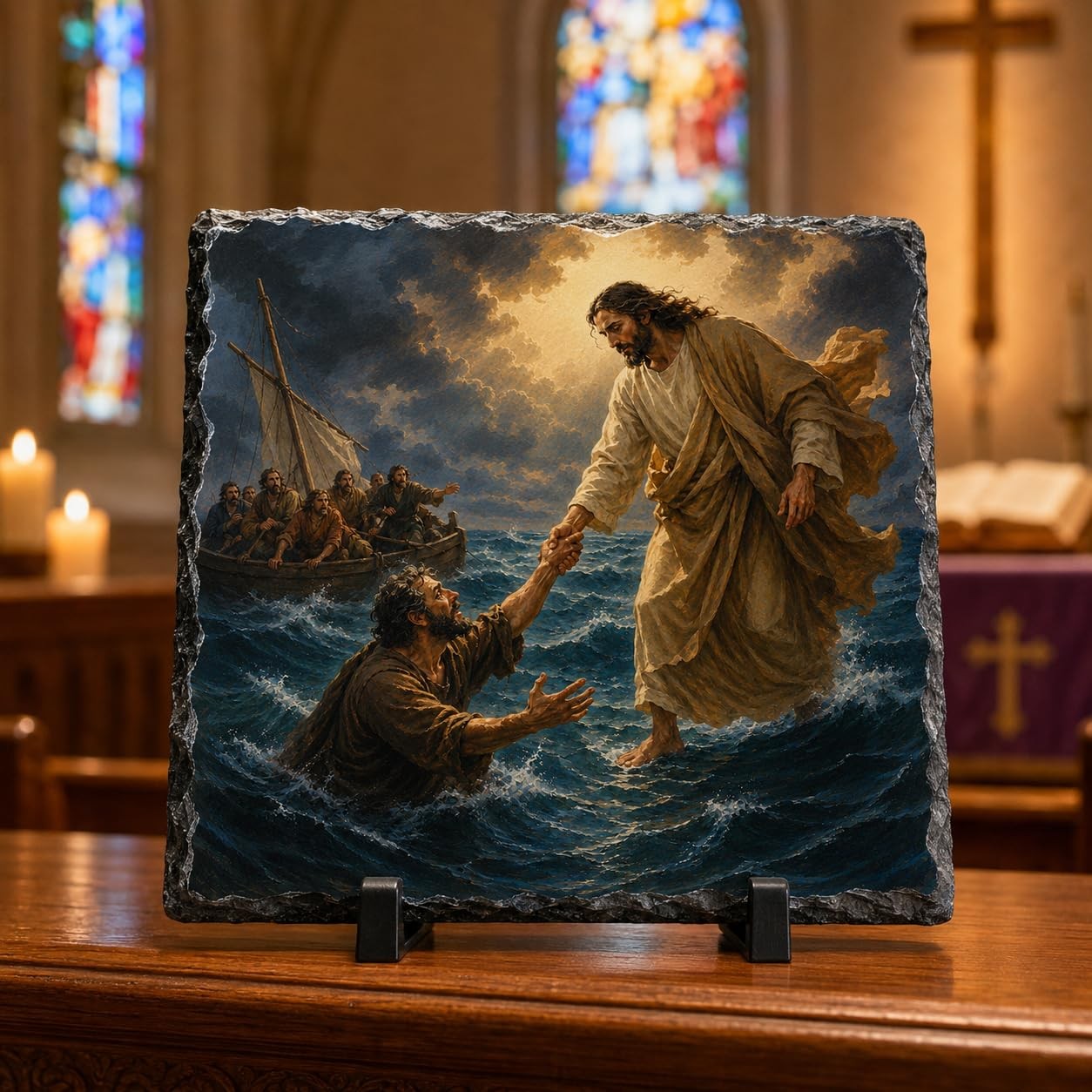 Jesus Saves Peter on Water Christian Painting Style Rock Slate Plaque Gift