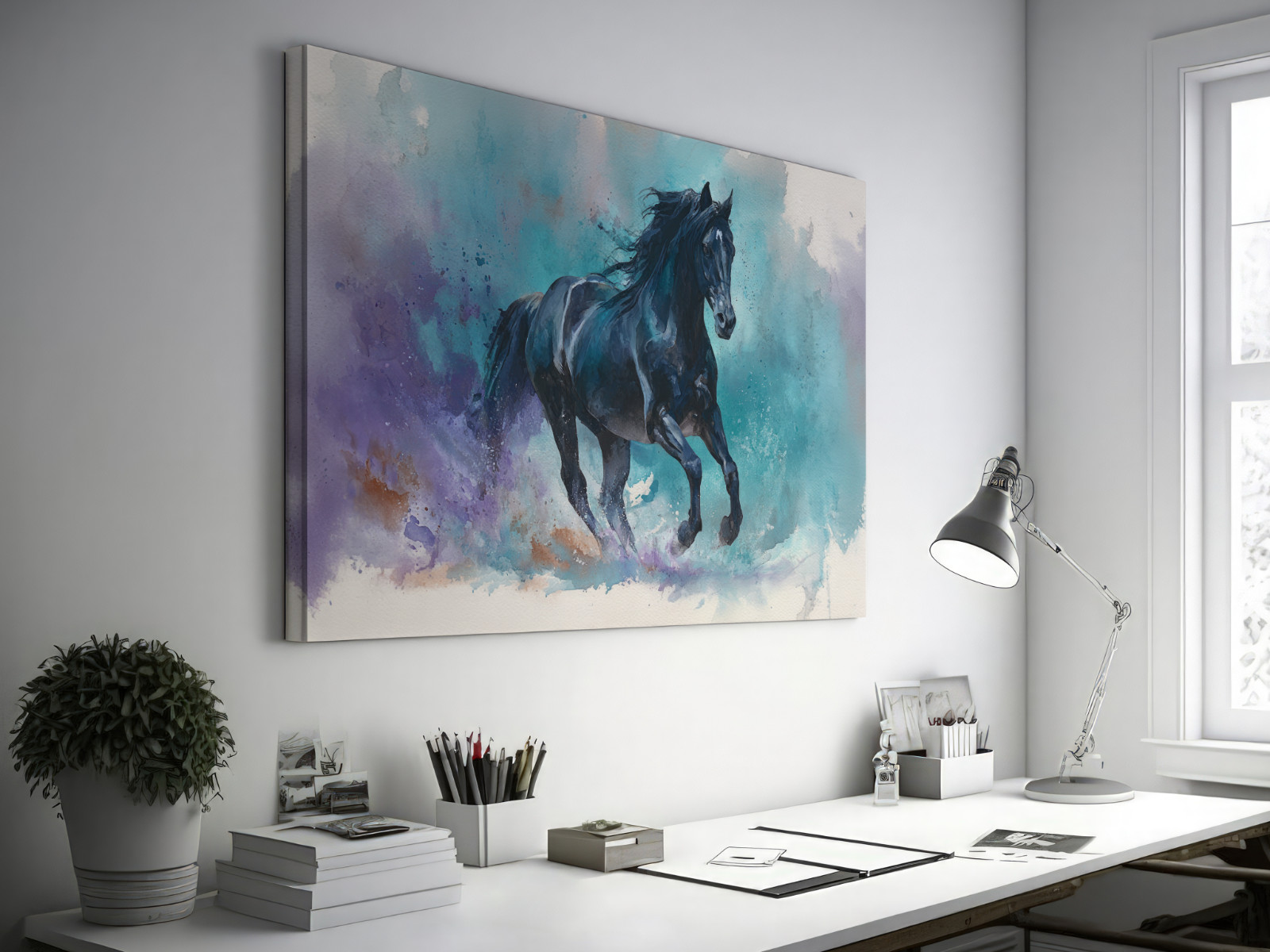 Black Horse Wall Art, Running Stallion Watercolor Painting, Colorful Equestrian