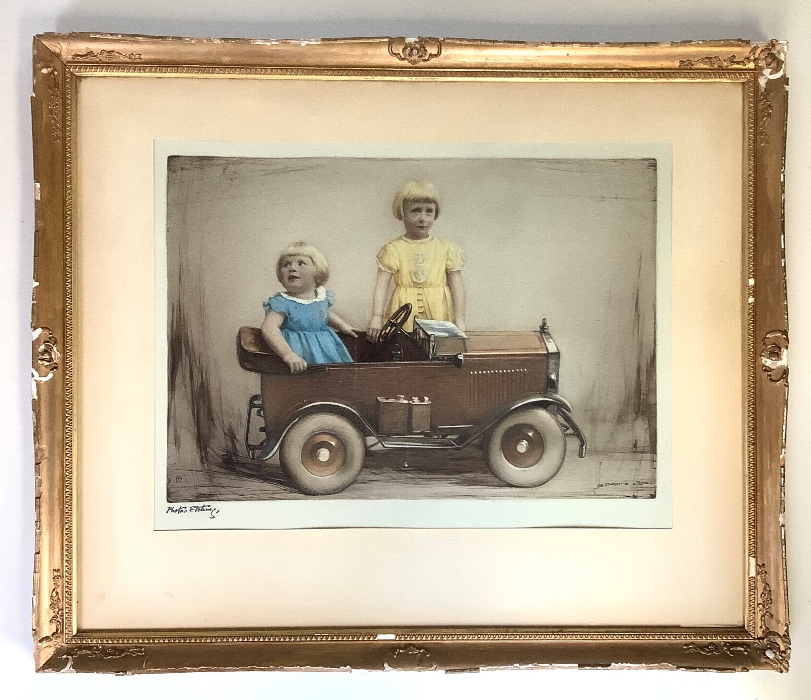 1930s Hand Tinted Photo Etching Engraving Girls Portrait Auto Car Bacon & Sons