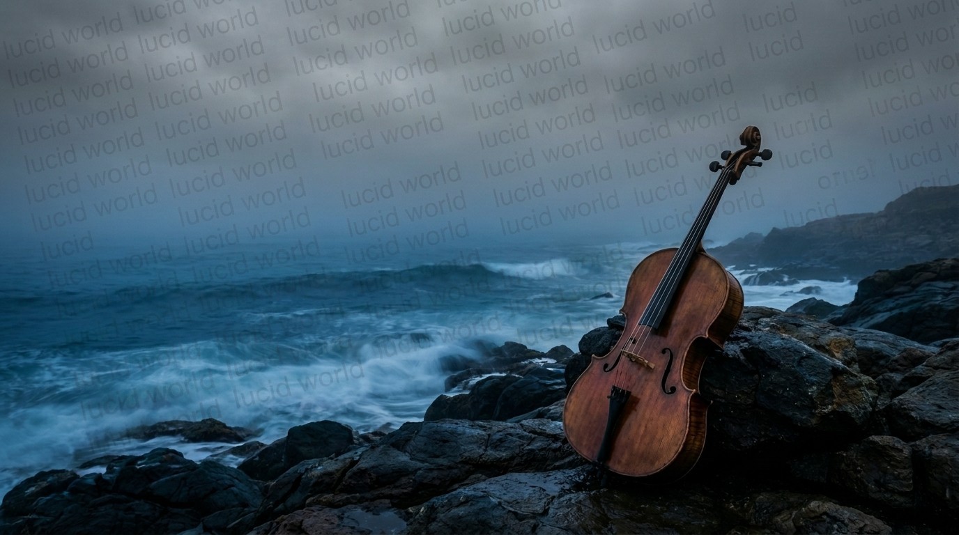 Cello on Stormy Rocky Coast Digital Download Printable Wall Art Moody Music Art