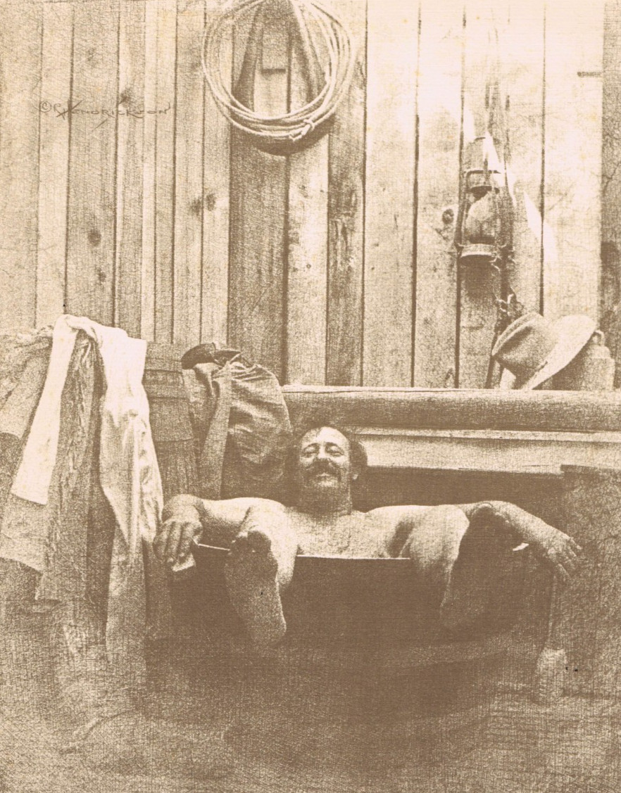 NEWLY FOUND! HENDRICKSON B&W SEPIA PHOTO PRINT Cowboy in a Tub 11″ X 14″ Western