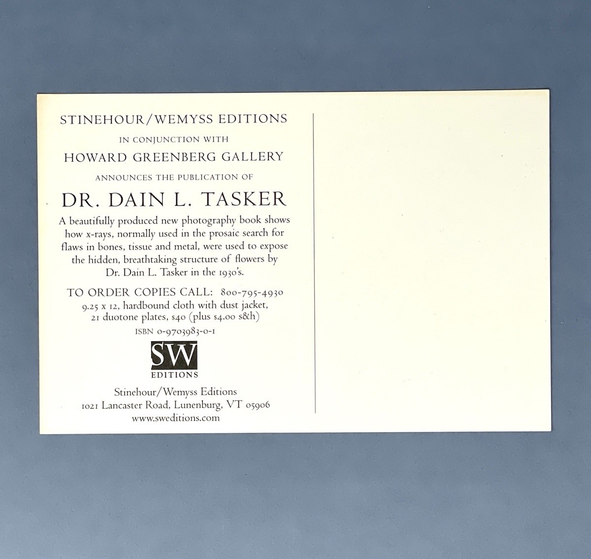 Dr. Dain L. Tasker (1872-1964) Art Photo Book Announcement Card – X-ray Flowers