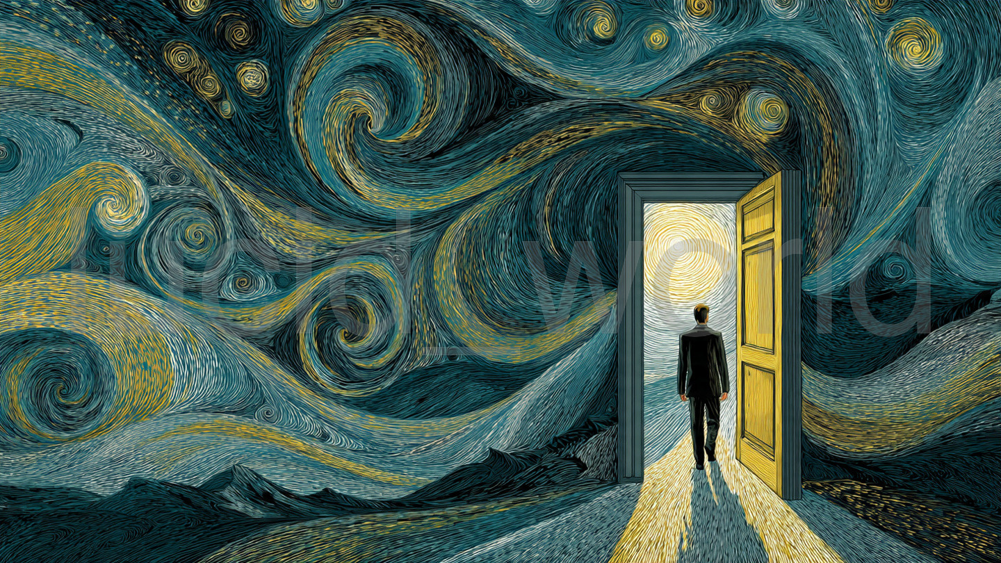 Van Gogh Style Starry Night Doorway Surreal Portal Wall Art Digital Download Art