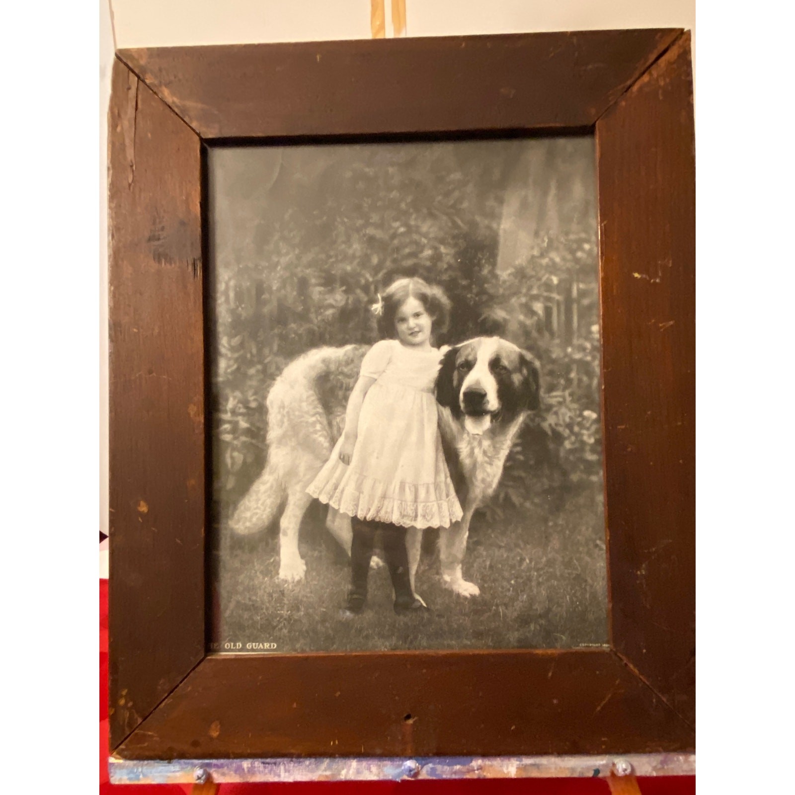 Antique b/w photo late 1800s Girl & Dog “The Old Guard” heavy old wood frame EVC