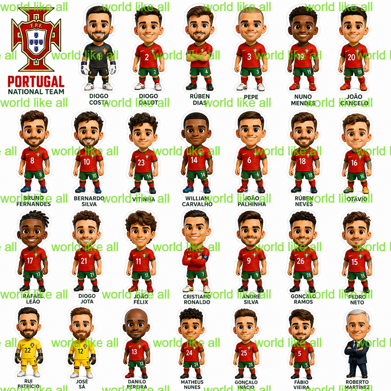 Portugal Football Stickers Sheet Kids Adults | Cute 3D Cartoon Digital Download