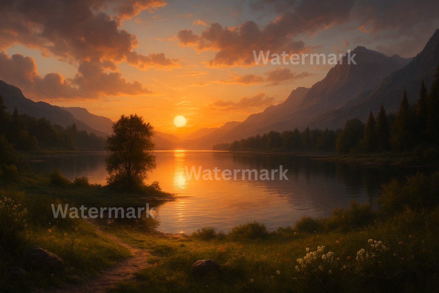 Digital Image Picture Photo Wallpaper Printable AI Art Sunset Lake