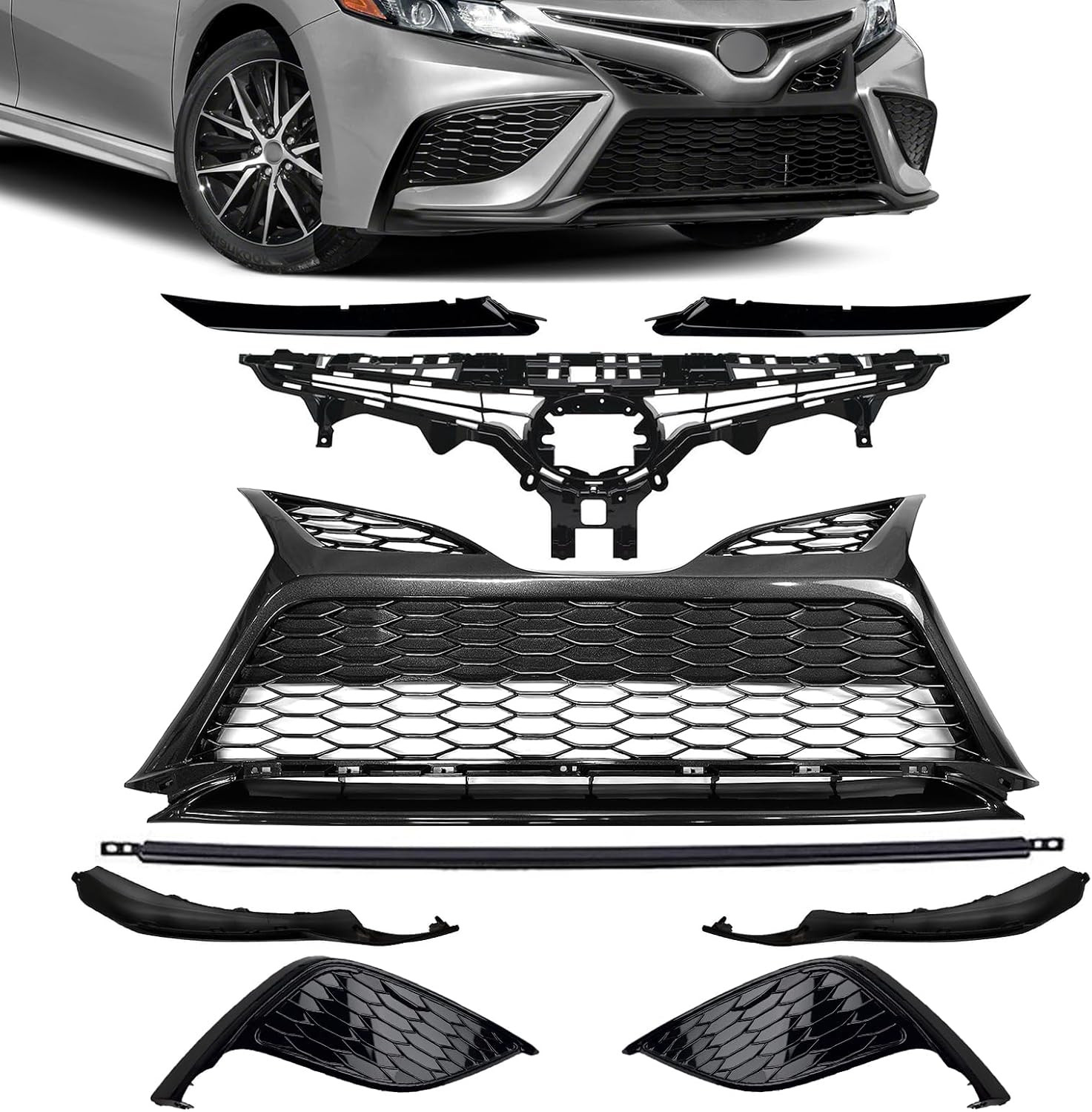 Front Grille Black Trim Fog Light Bezel Set 9Pcs Fit for 2021 2022 2023 Toyota C