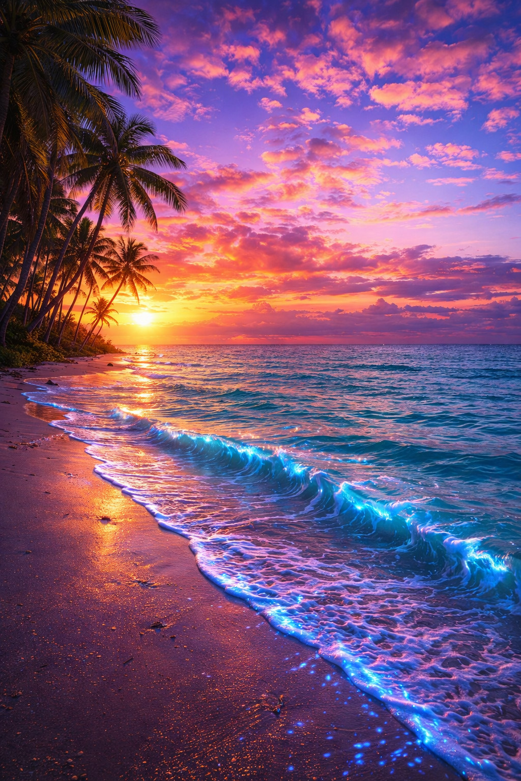 Pretty Tropical Beach Sunset Digital Wallpaper PNG JPEG Download AI