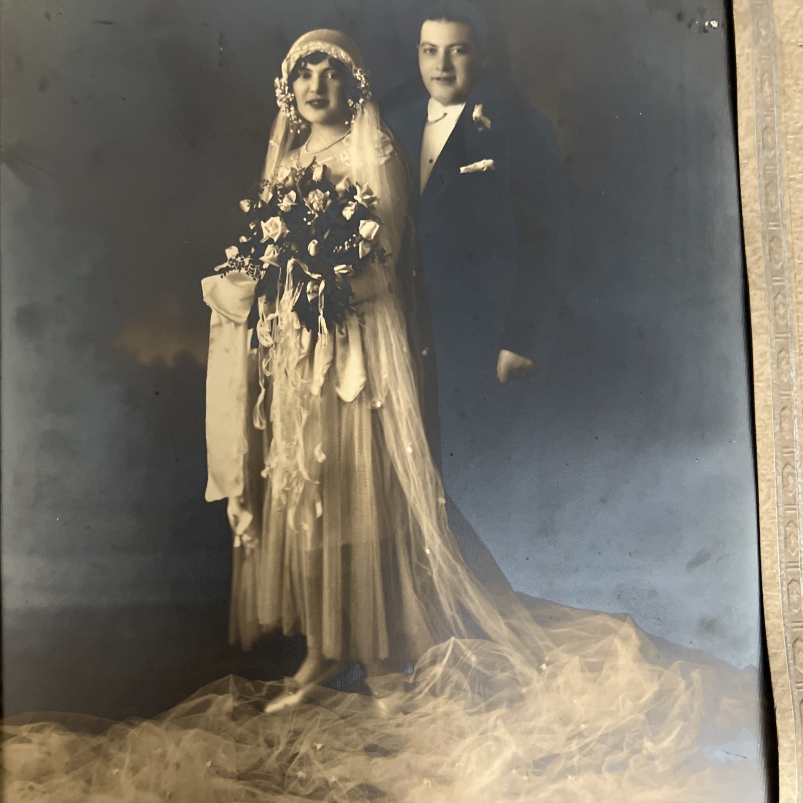 Large Vintage Wedding Photo in Original Studio Mount 1930s-1940s DiMarco Studio
