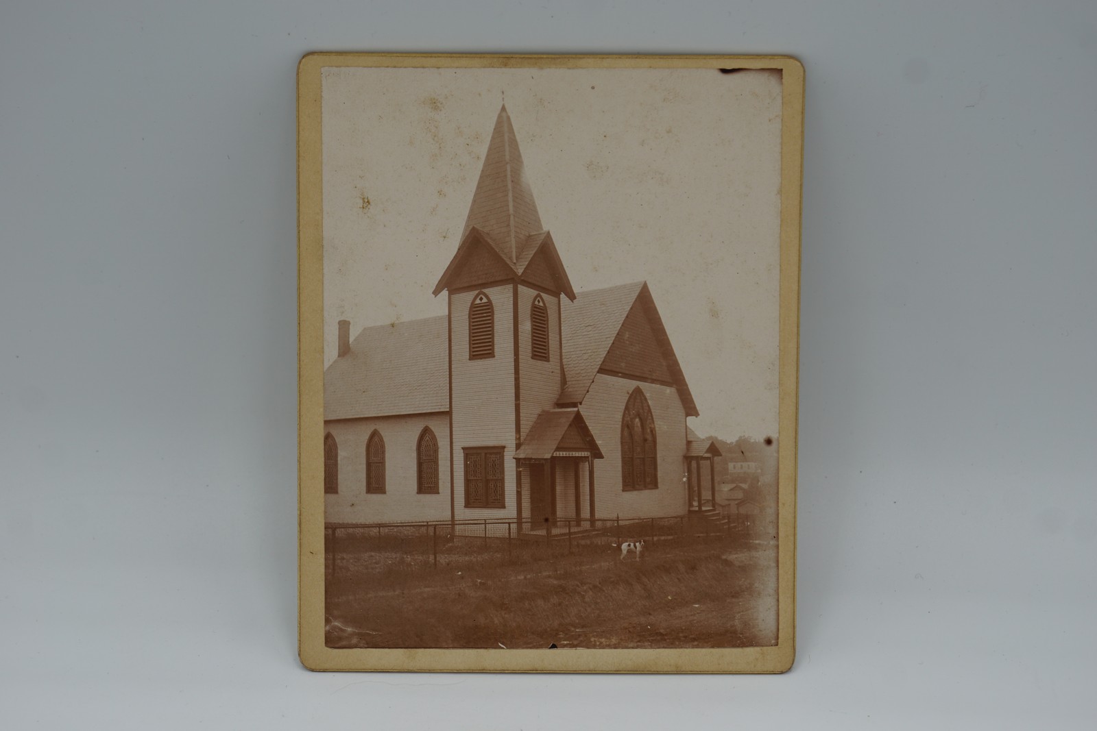 Antique Sepia Photo Church Steeple Dog Vintage Mounted Photograph Art 1900s