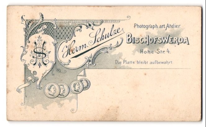 Photograph Herm. Schulze, Bischofswerda, Hohe Str. 4, photographers monogram and