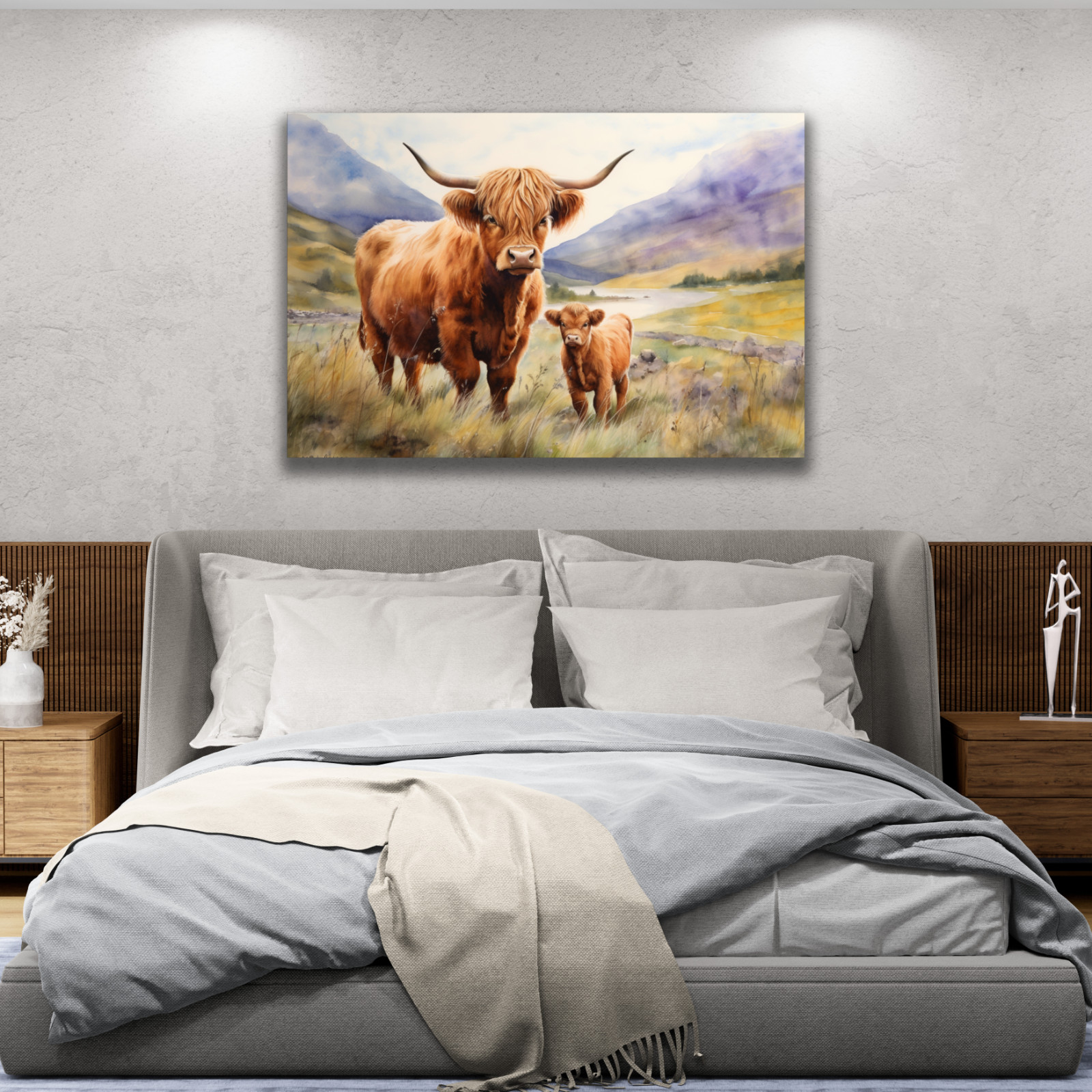 Highland Cow Wall Art, Scottish Highland Cow Calf Print, Rustic Farmhouse Canvas