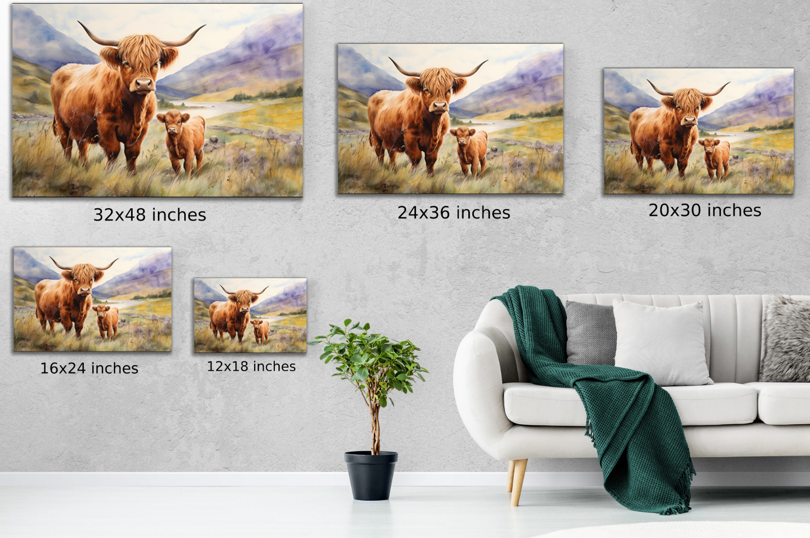 Highland Cow Wall Art, Scottish Highland Cow Calf Print, Rustic Farmhouse Canvas